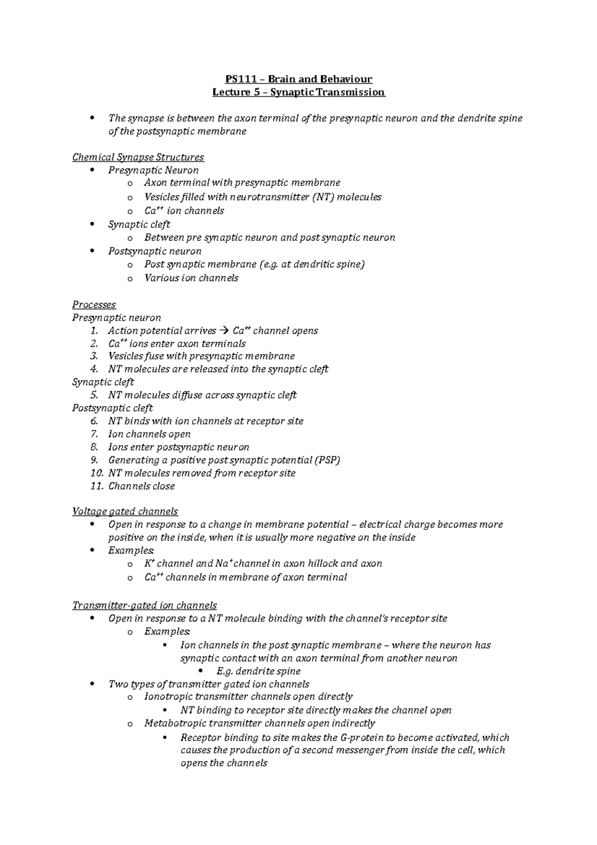 5. Synaptic Transmission - types and processes - PS111 – Brain and ...