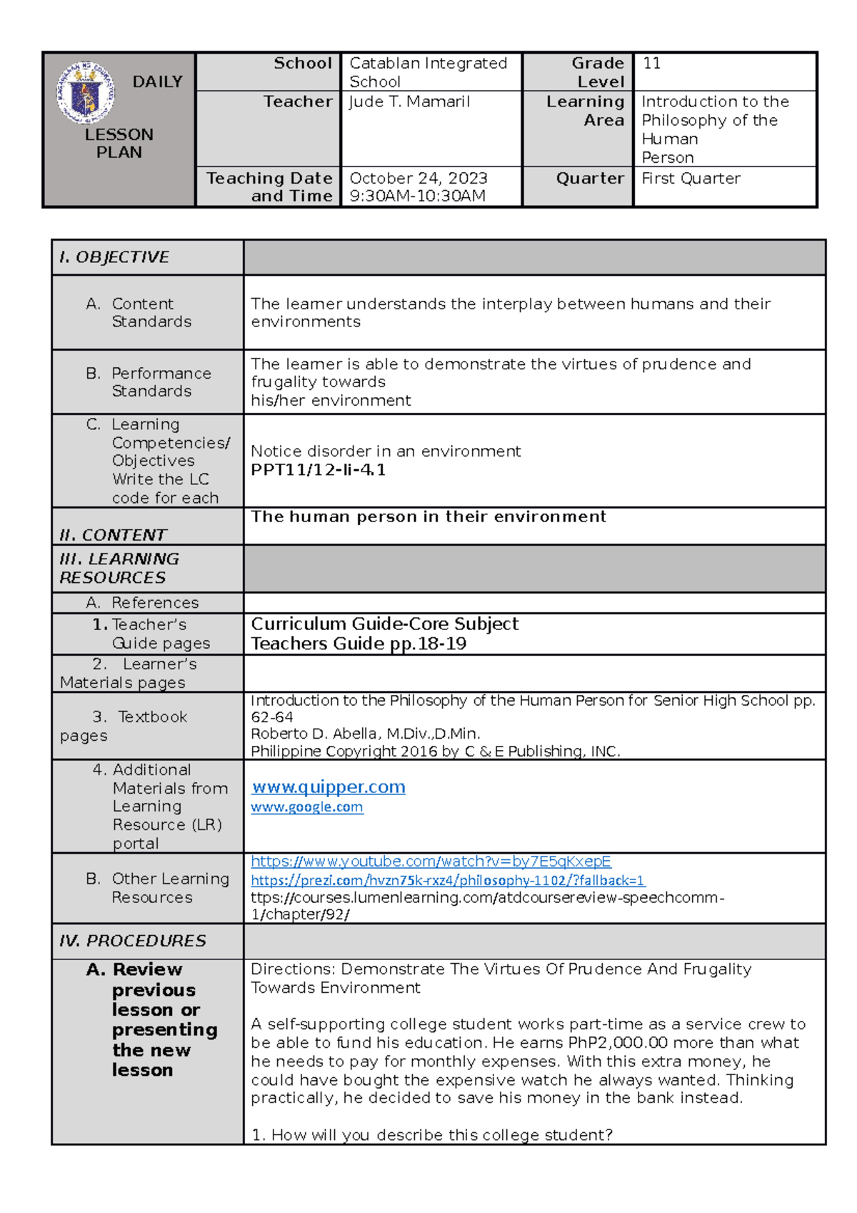 Human persons Freesom - DAILY LESSON PLAN School Catablan Integrated ...