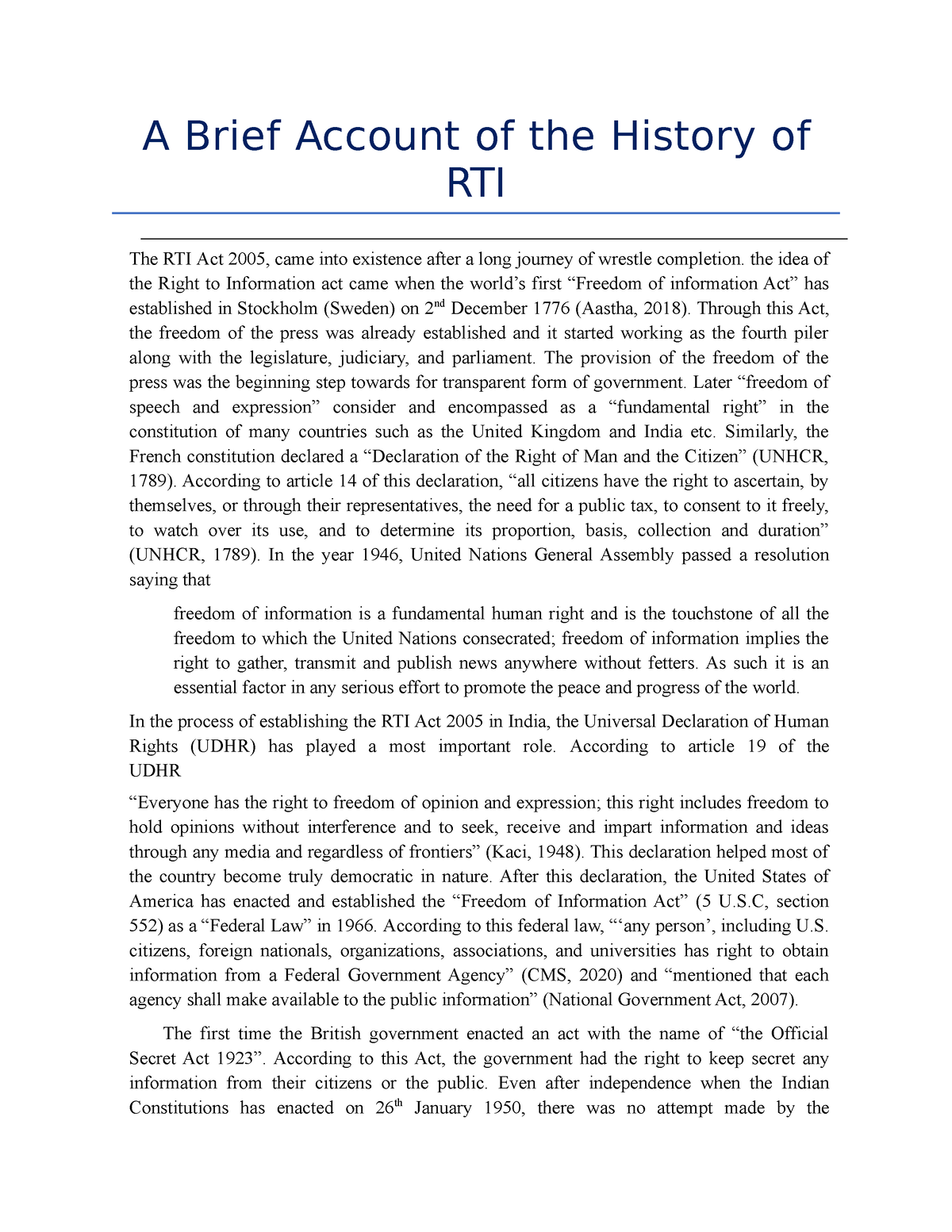 A Brief Account of the History of RTI - the idea of the Right to  Information act came when the - Studocu