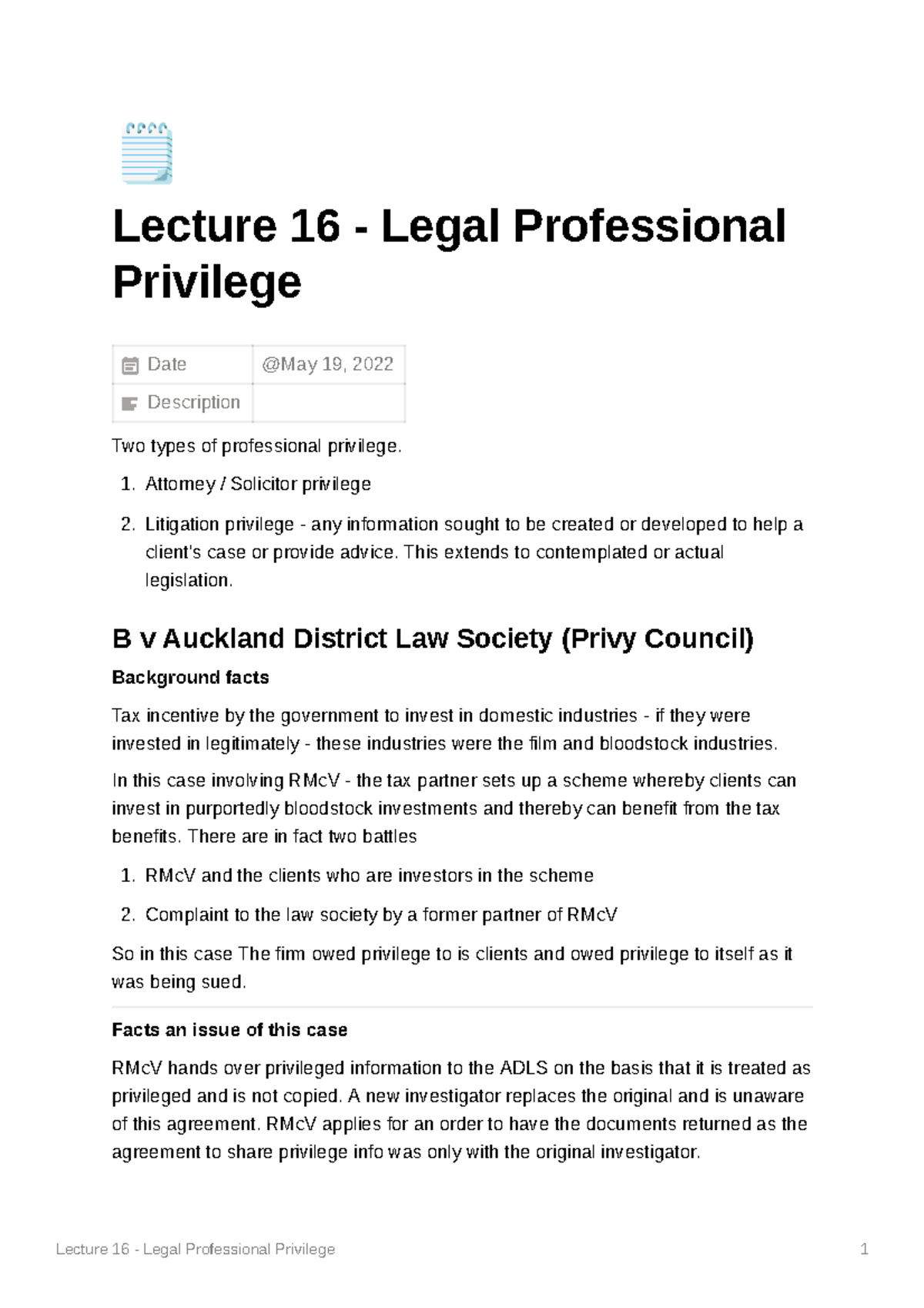 Lecture 16 - Legal Professional Privilege - \ud83d\uddd2 Lecture 16 - Legal Professional Privilege Date ...