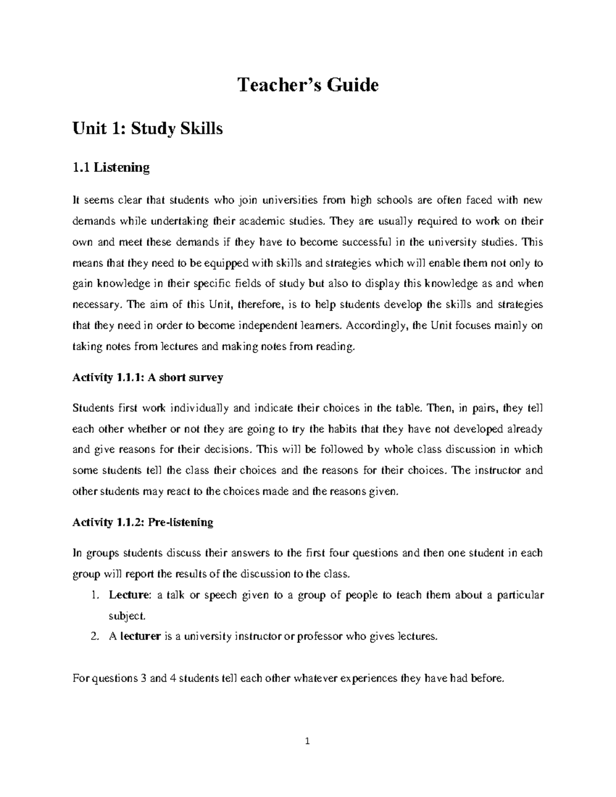 Teacher's Guide Communicative English I - Teacher’s Guide Unit 1: Study ...
