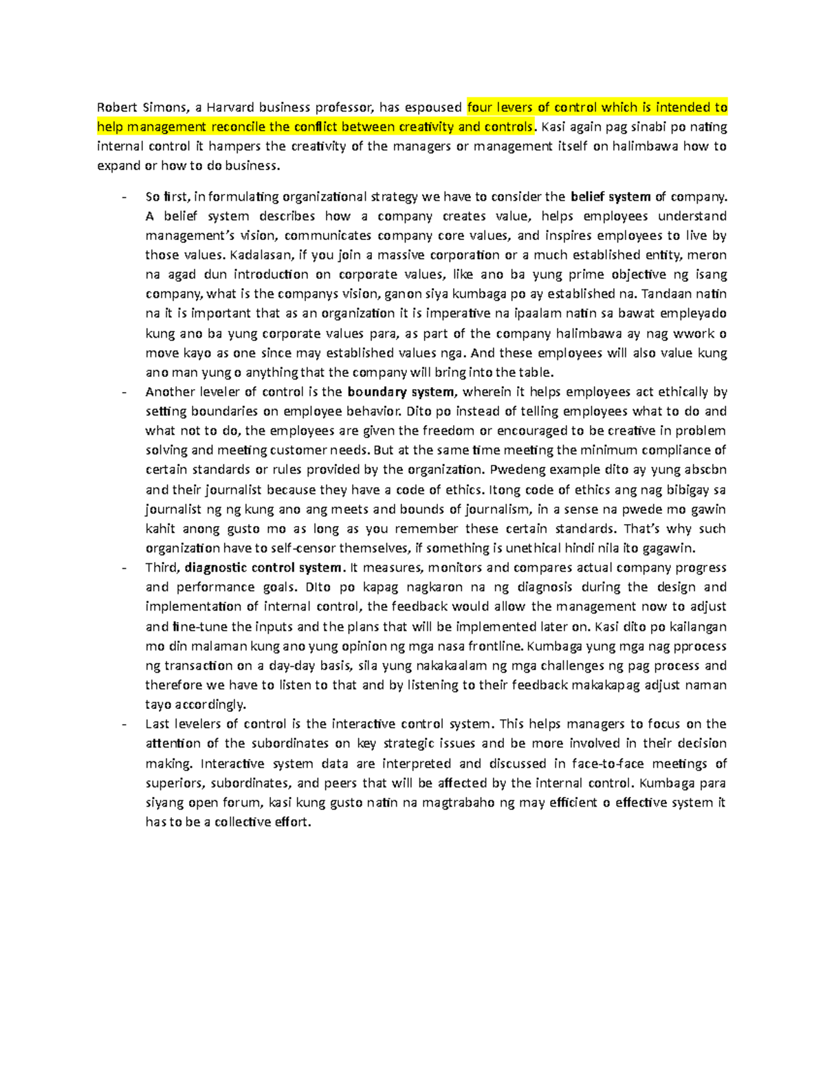 4 levers of control Kasi again pag sinabi po nating internal control
