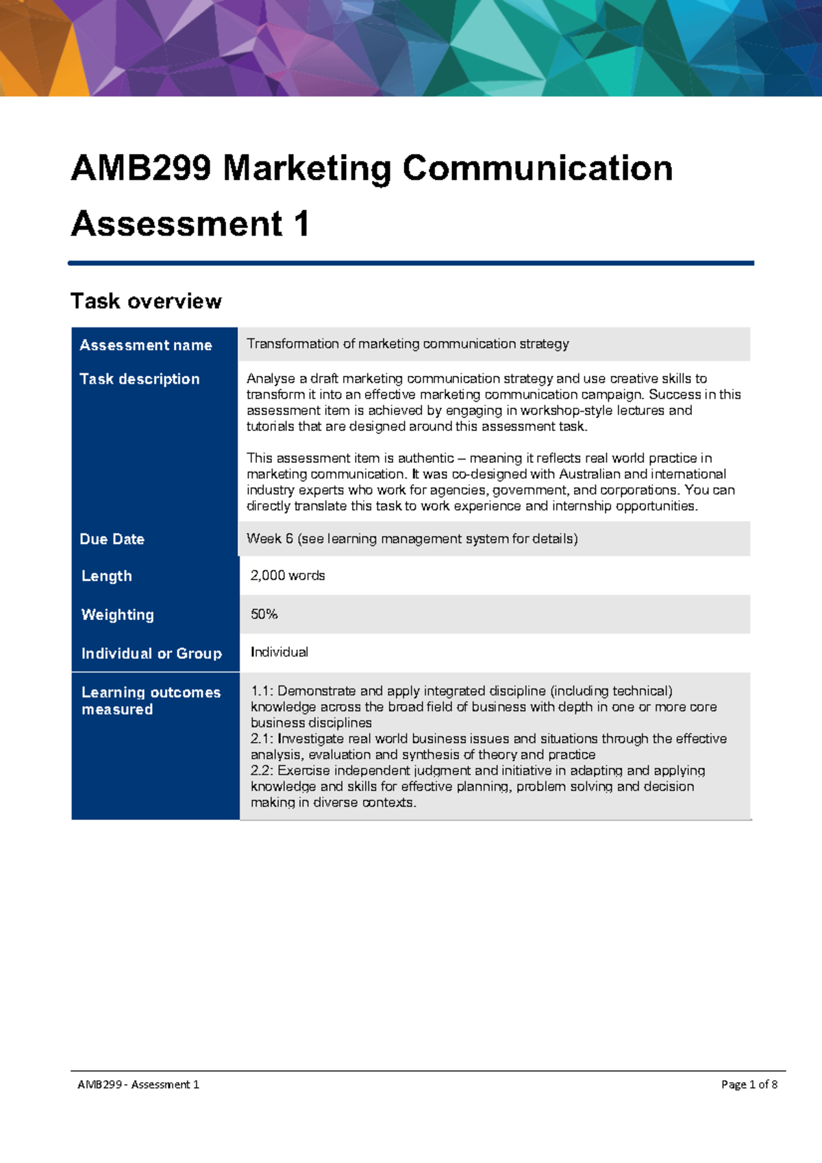 A1 Guidelines and CRA AMB299 - AMB299 - Assessment 1 Page 1 of 8 AMB299 ...