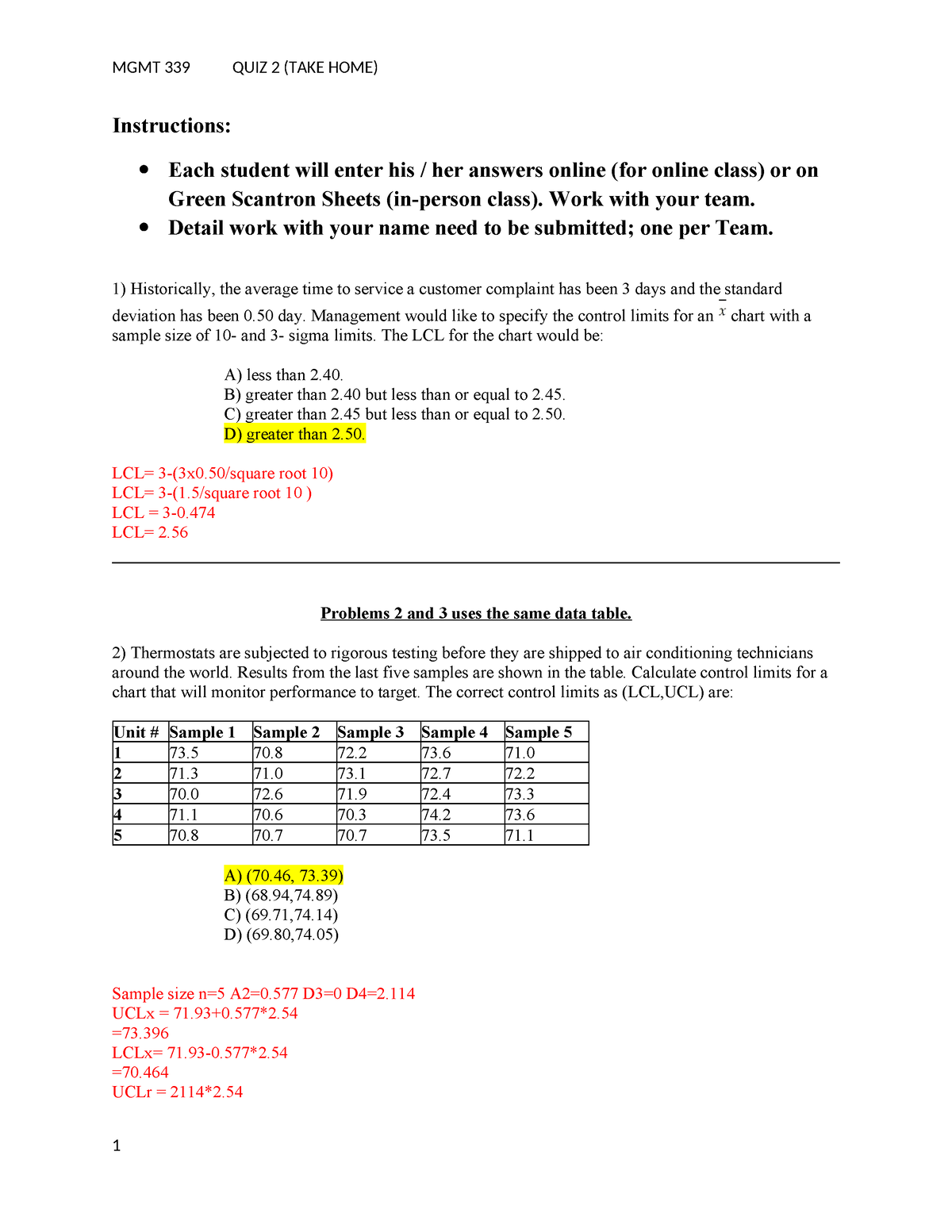 Quiz 2 - Take Home - Student Copy - Instructions: Each student will ...