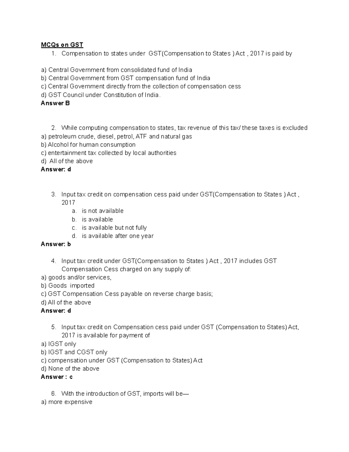 Gst Mcq 21 Mcqs On Gst Mcqs On Gst 1 Compensation To States Under