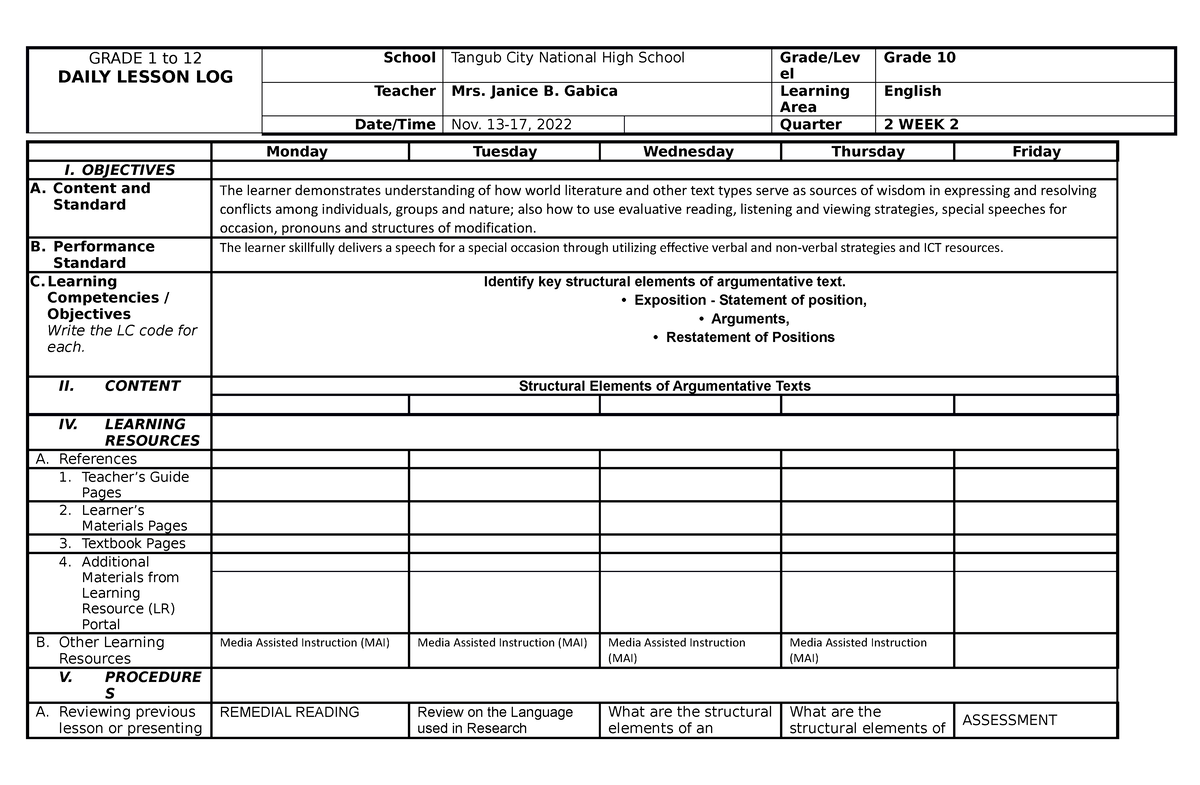 Eng10-Q2-Week 2-DLL - Daily Lesson Log - GRADE 1 To 12 DAILY LESSON LOG ...