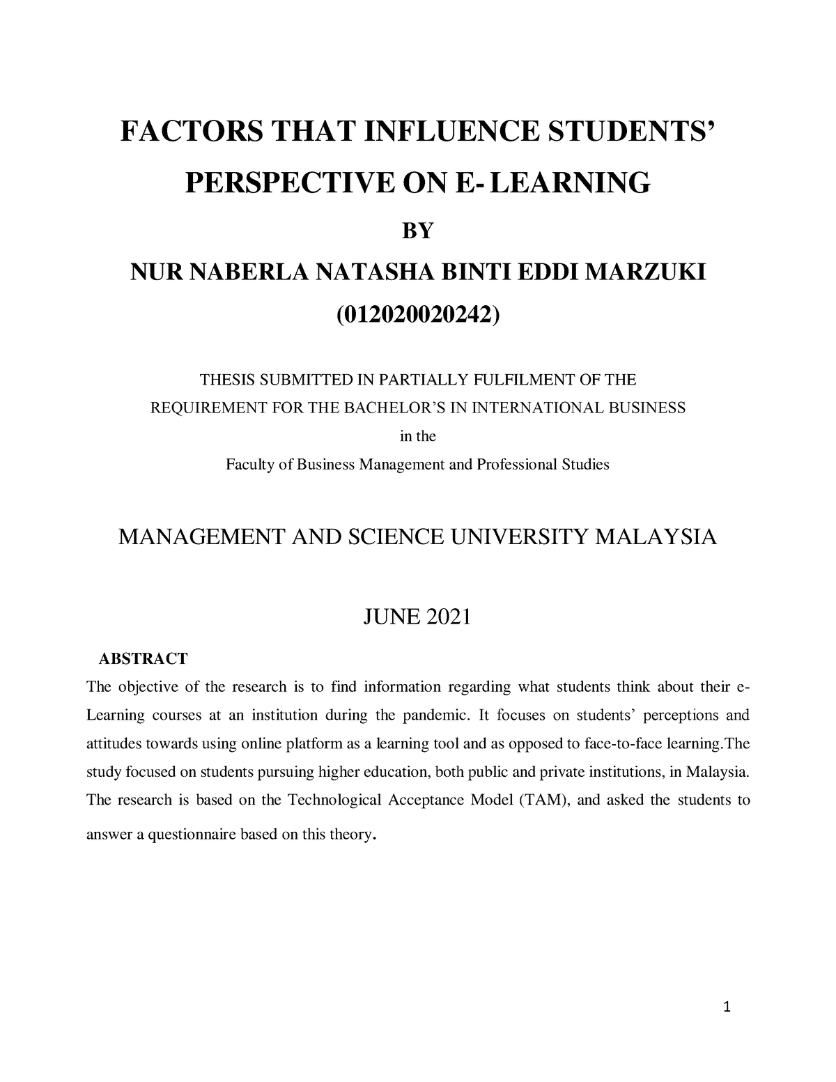 Factors THAT Influence Students' Perspective ON E- Learning( Theses ...