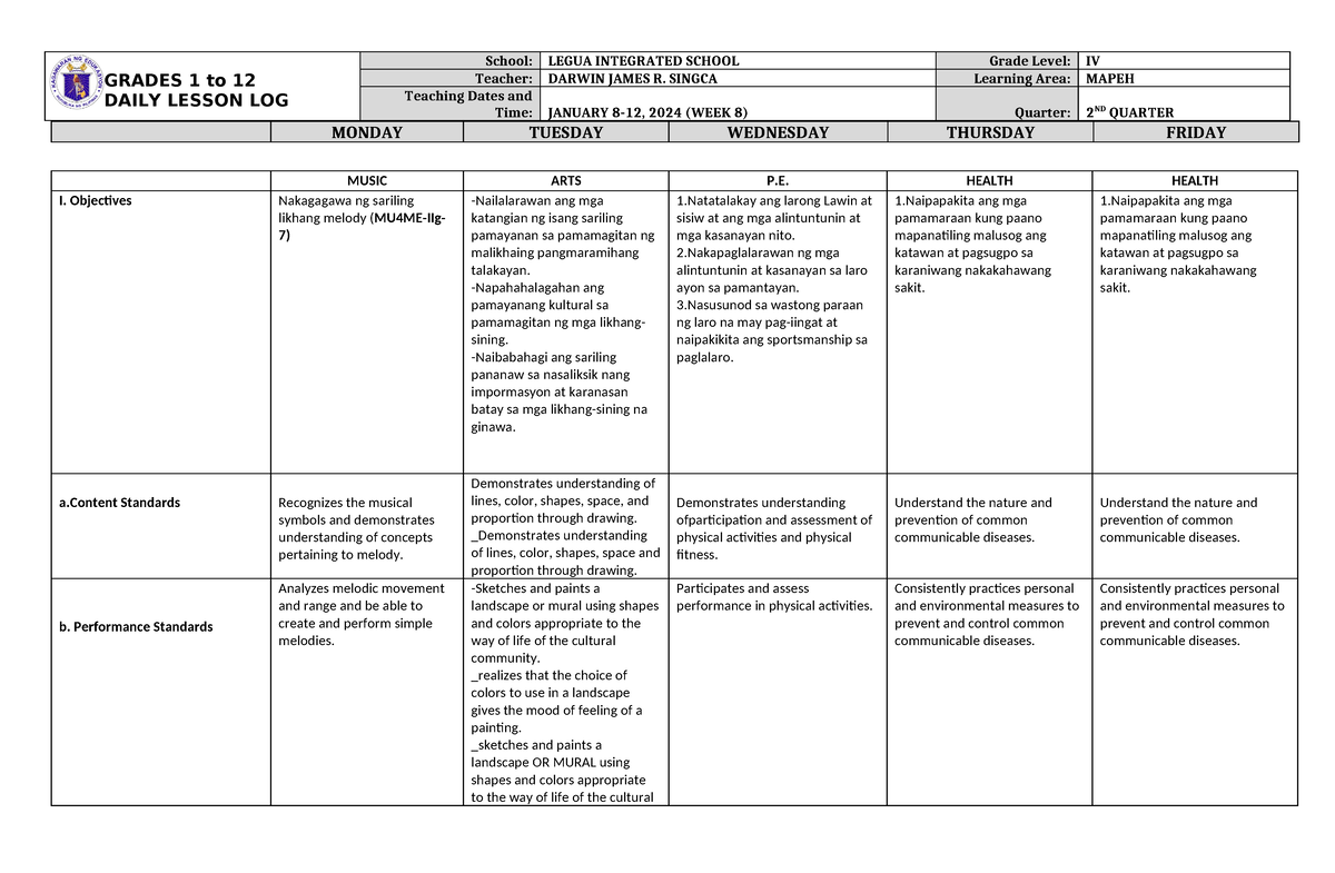 DLL Mapeh 4 Q2 W8 - Daily Lesson Log - GRADES 1 to 12 DAILY LESSON LOG ...