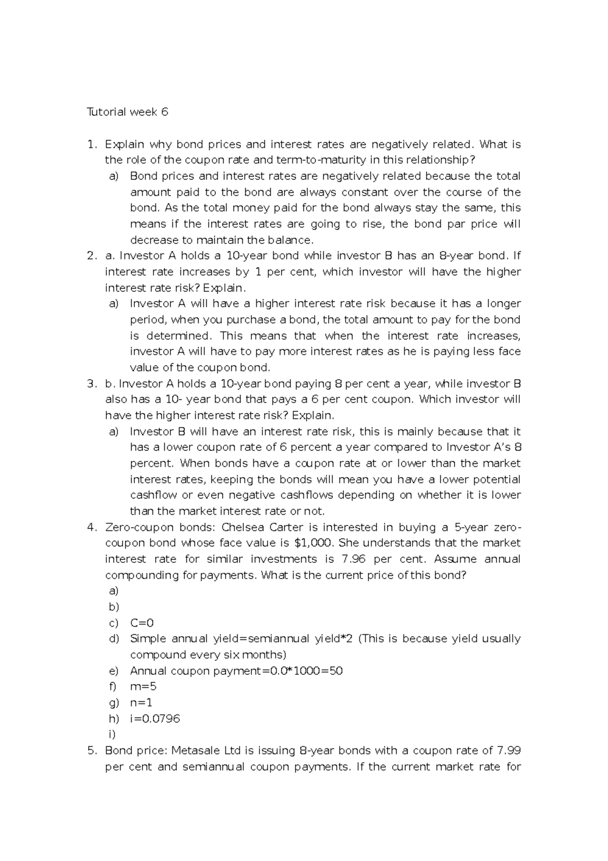 FIN 111 Tutorial week 6 - Tutorial week 6 Explain why bond prices and ...