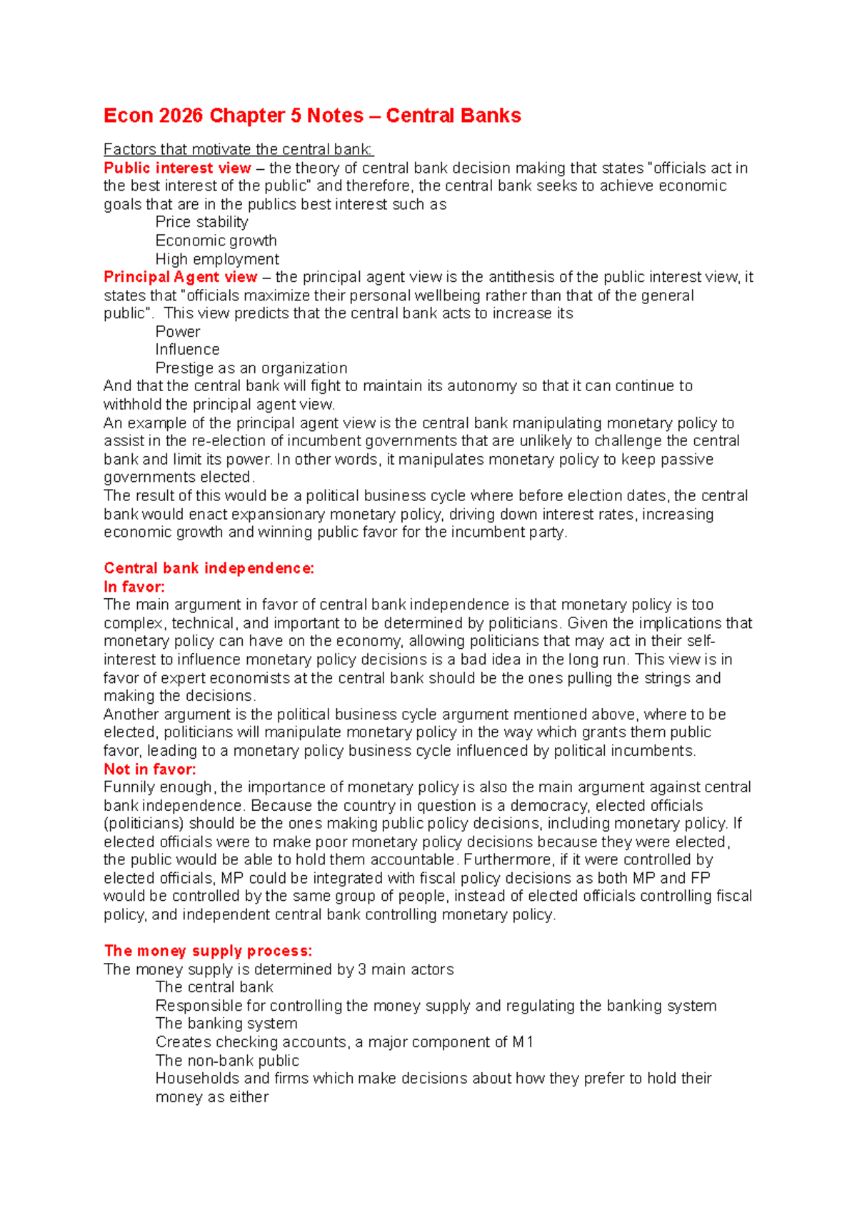 Econ chapter 5 notes - Econ 2026 Chapter 5 Notes – Central Banks ...