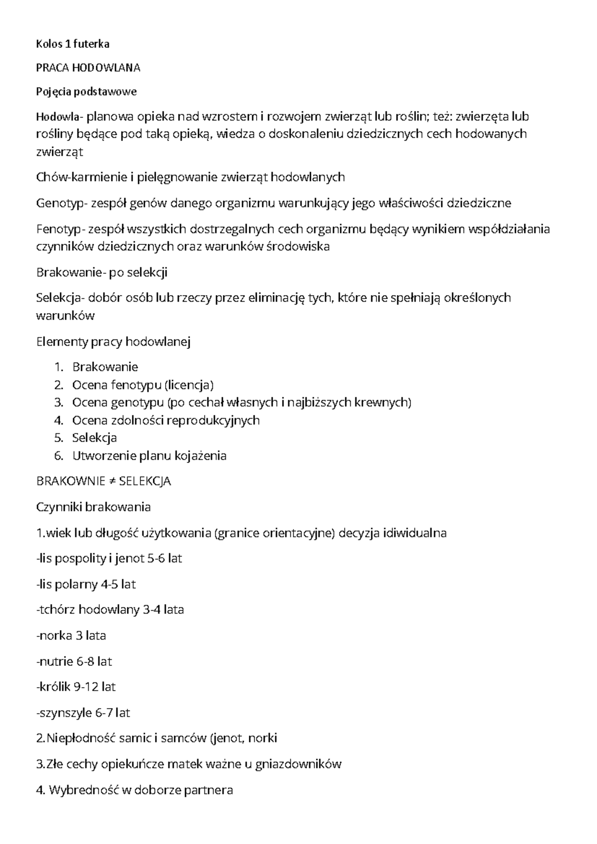 Futra-1 - Kolos 1 futerka PRACA HODOWLANA Pojęcia podstawowe Hodowla