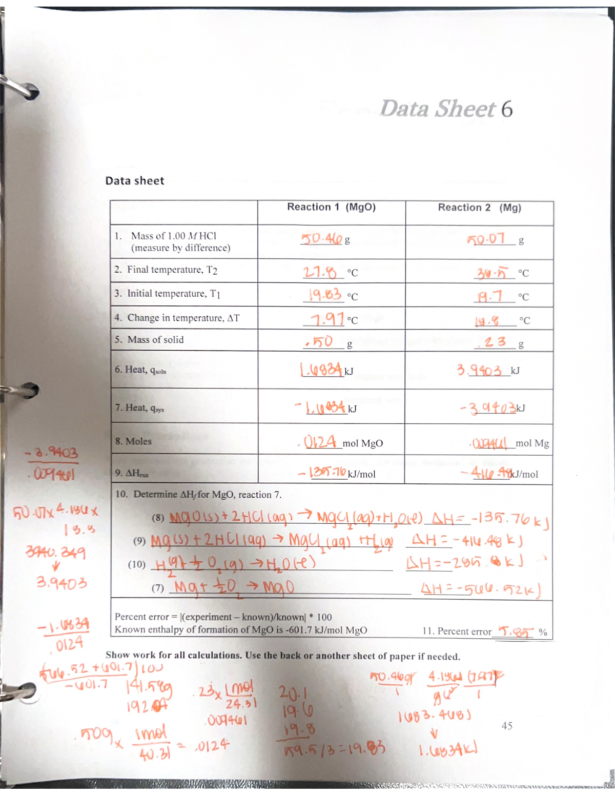 Lab Data Sheet 6 - General Chemistry 1 - Data Sheet 6 Date 10/1922. Lab ...