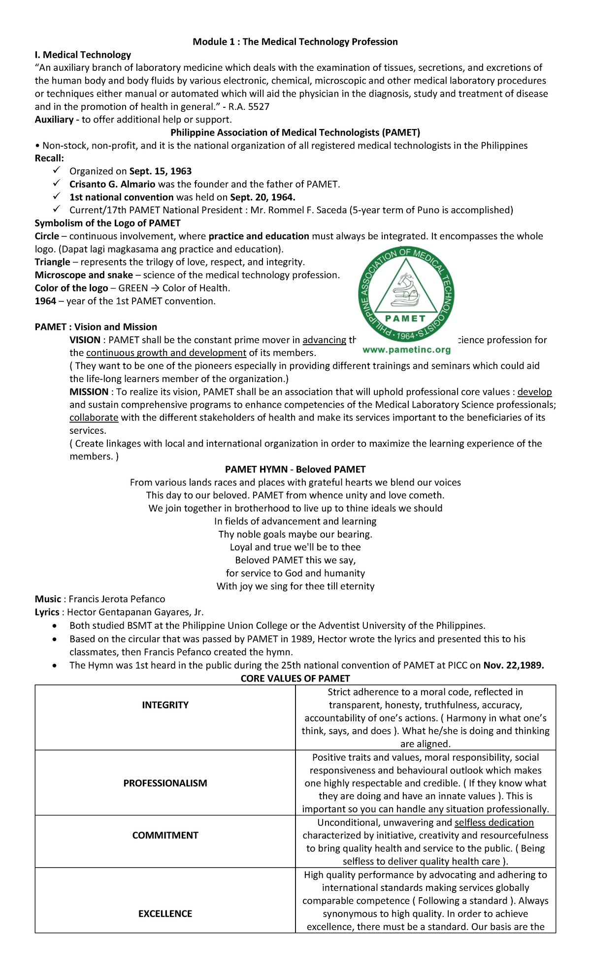 MTLB - notes only - Module 1 : The Medical Technology Profession I ...