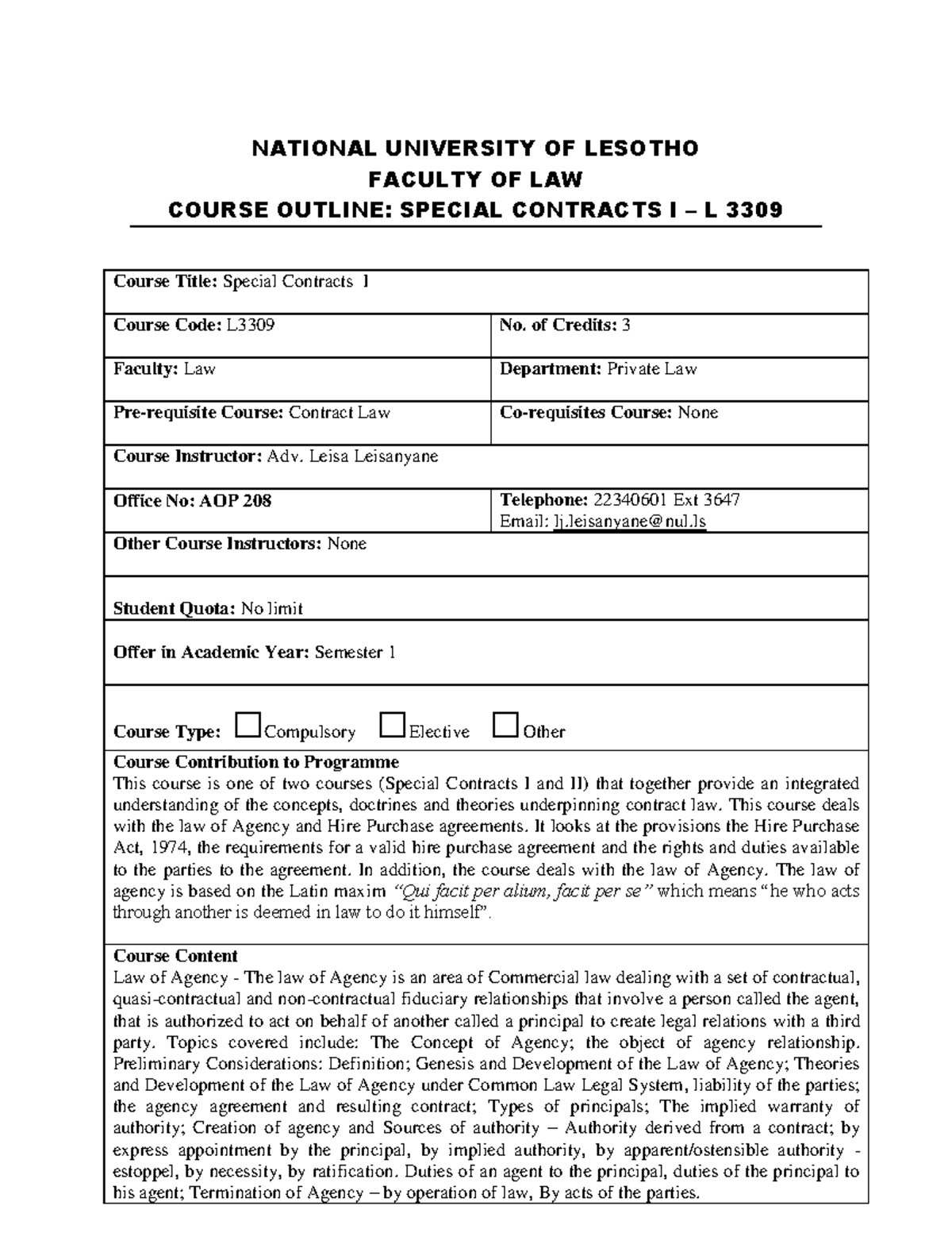 L3309 - Special Contracts I Course Outline - NATIONAL UNIVERSITY OF ...