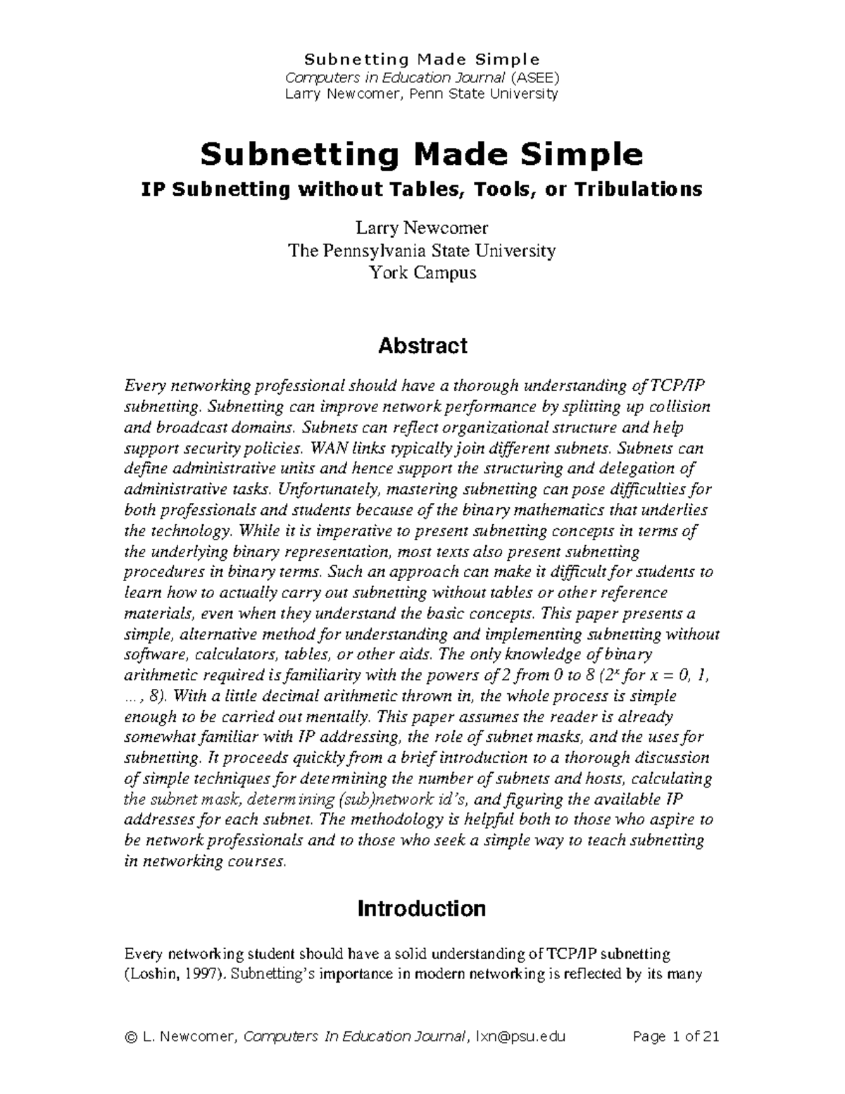 Subnetting Made Simple 2 - Computers in Education Journal (ASEE) Larry ...