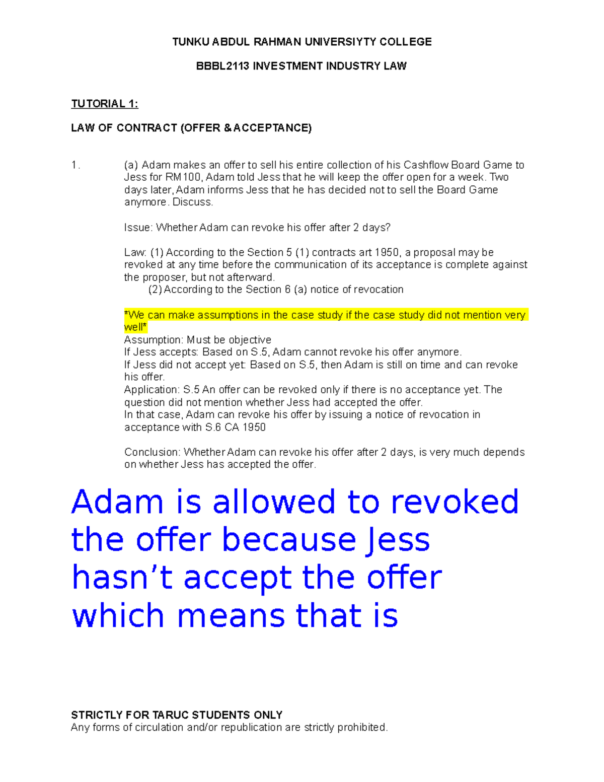 Investment Industry Law Tutorial 1 BBBL2113 INVESTMENT INDUSTRY LAW