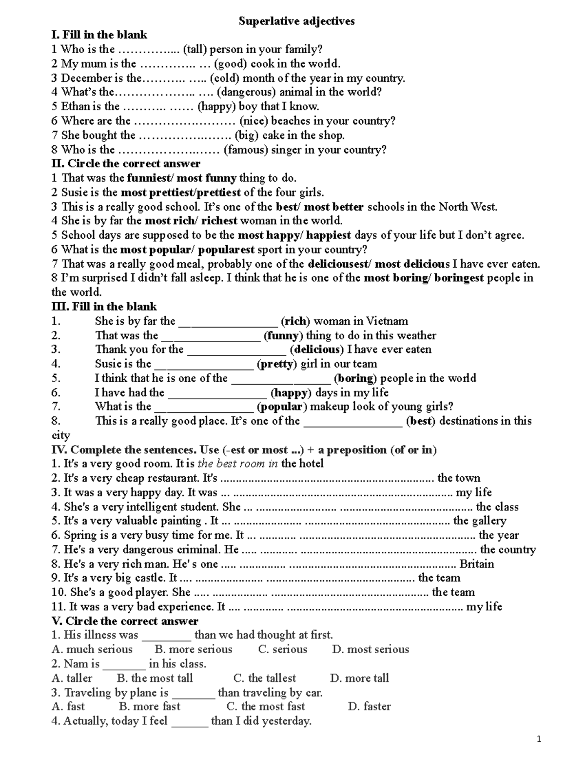 Superlative adjectives practice U2 - Superlative adjectives I. Fill in ...