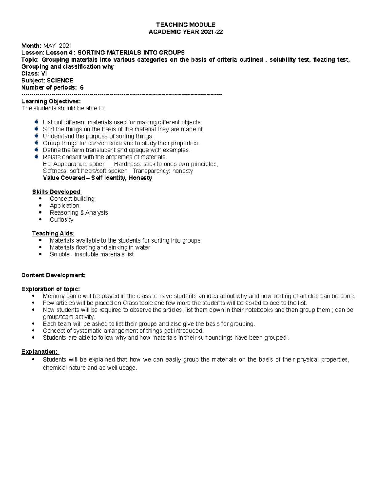 LR Science Sorting Materials INTO Groups VI - TEACHING MODULE ACADEMIC ...