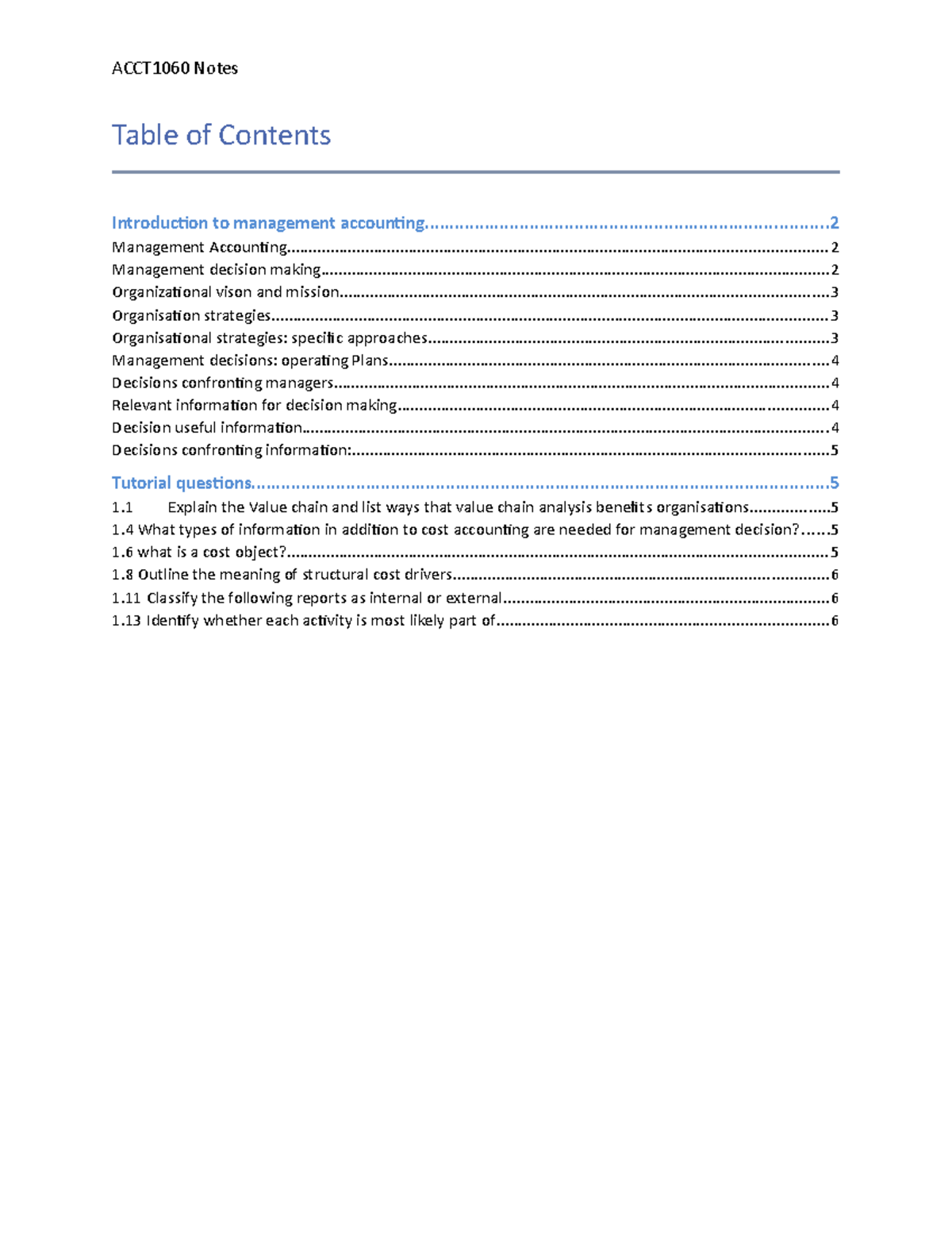 Summary Management Accounting and Business - ACCT1060 Notes Table of ...