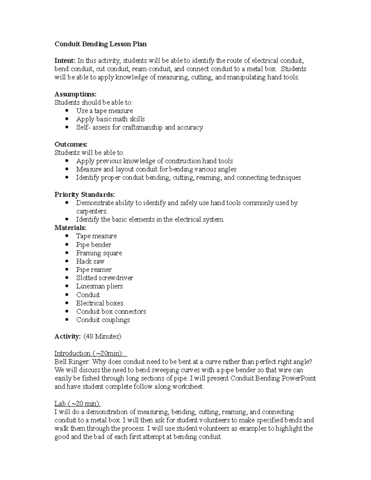 Bending Conduit Lesson Plan Conduit Bending Lesson Plan Intent In