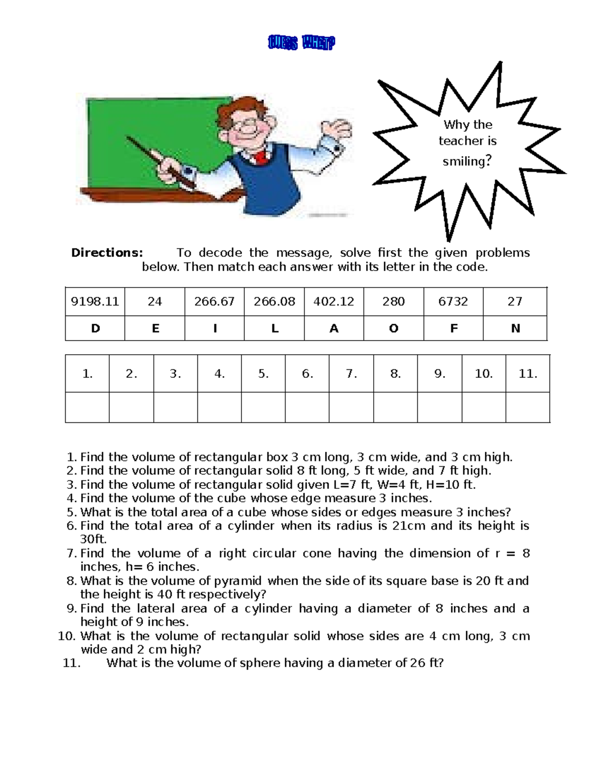 Activity 1 - Directions: To decode the message, solve first the given ...