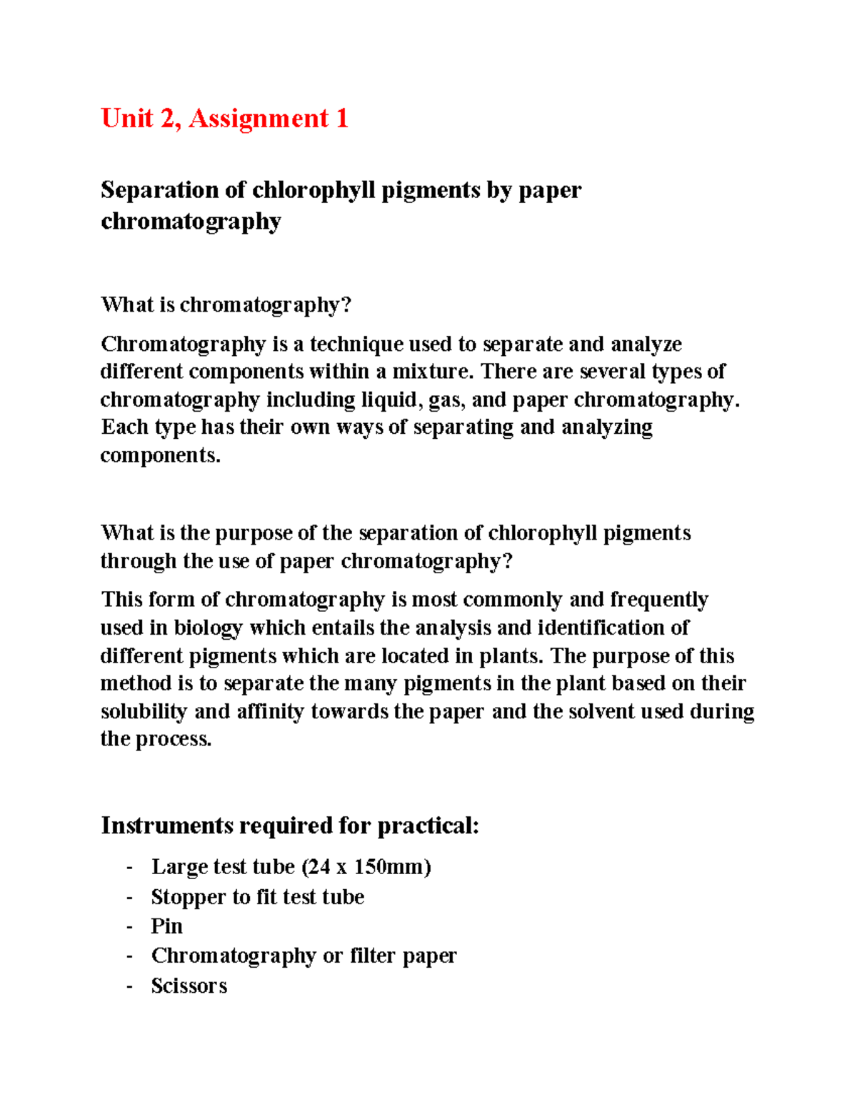 chromatography assignment btec