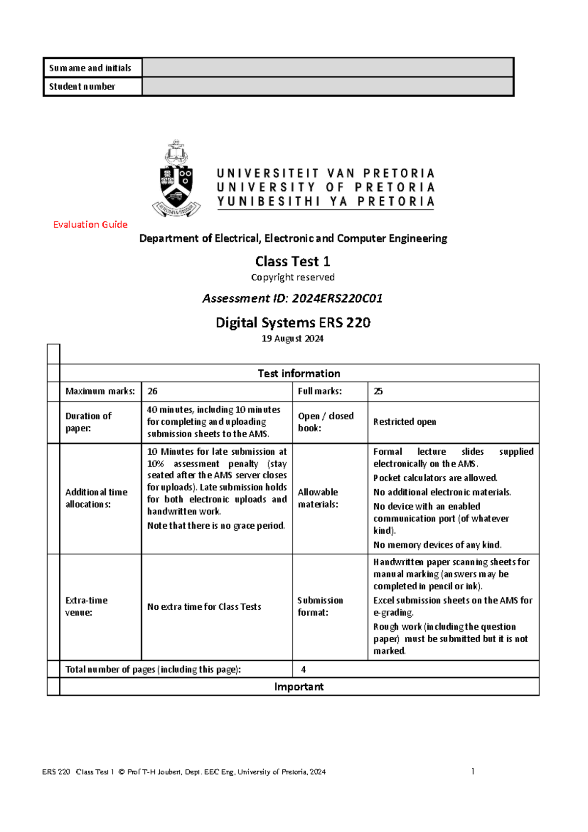 2024ERS220C01 Eval Gde - Student number Evaluation Guide Department of ...