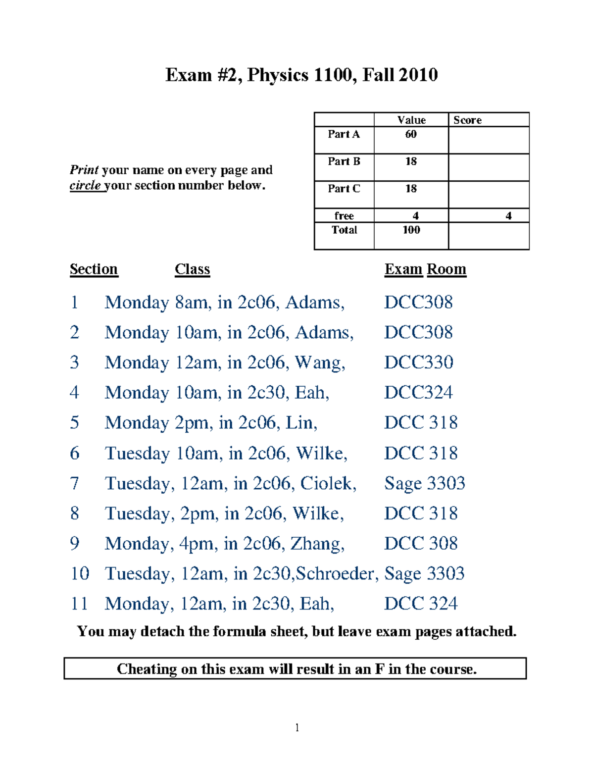 Exam2-F10 - Back exam - Exam #2, Physics 1100, Fall 2010 ####### Print ...