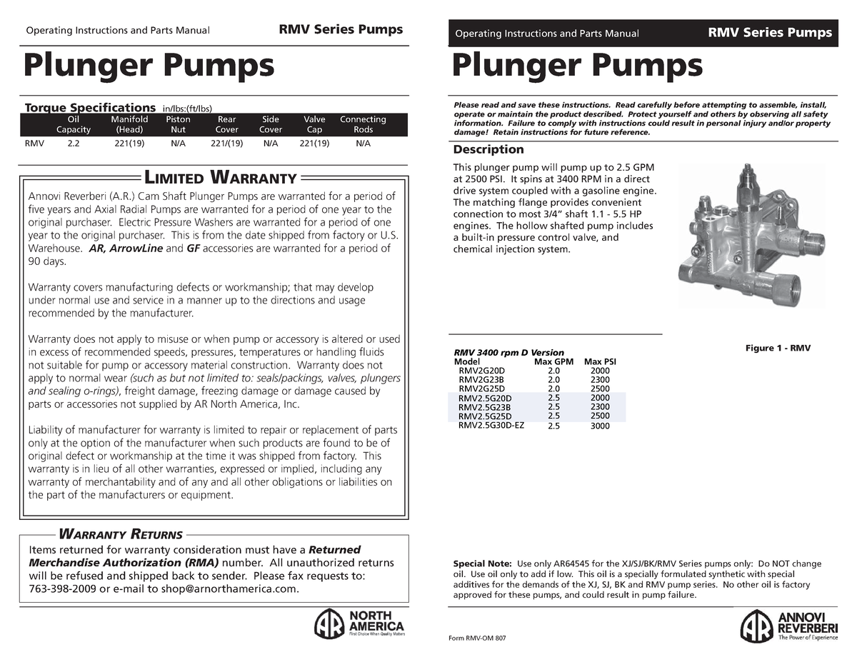 Bomba Pressure PRO - Manual - Plunger Pumps LIMITED WARRANTY Annovi ...