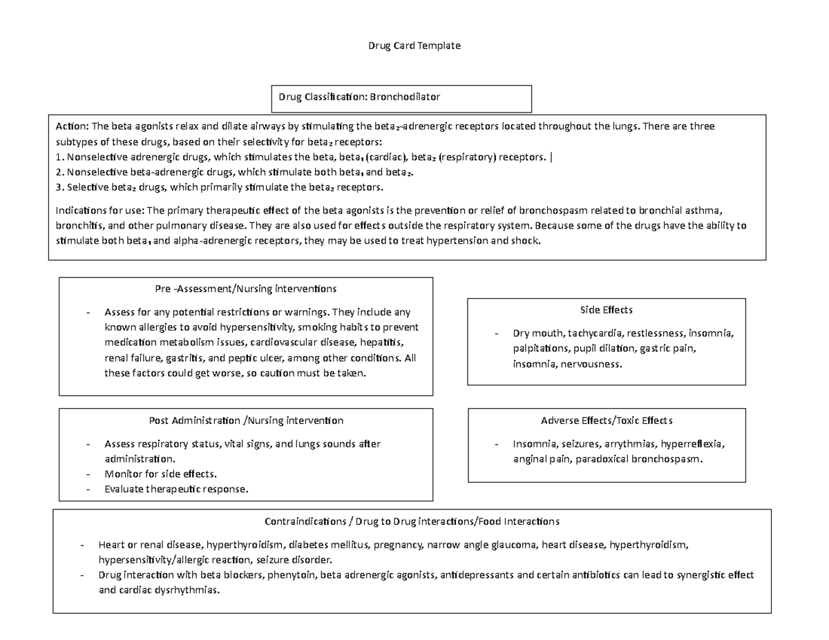 Drug Card Bronchodilator Drug Card Template Drug Classification