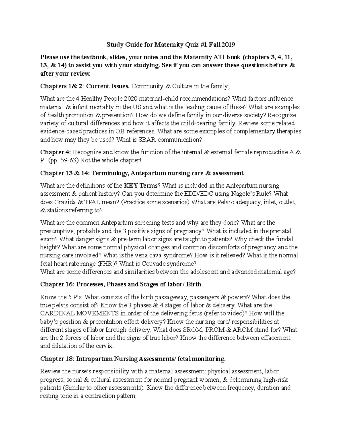 Study Guide for Maternity Quiz 1 Fall 2019 Study Guide for Maternity