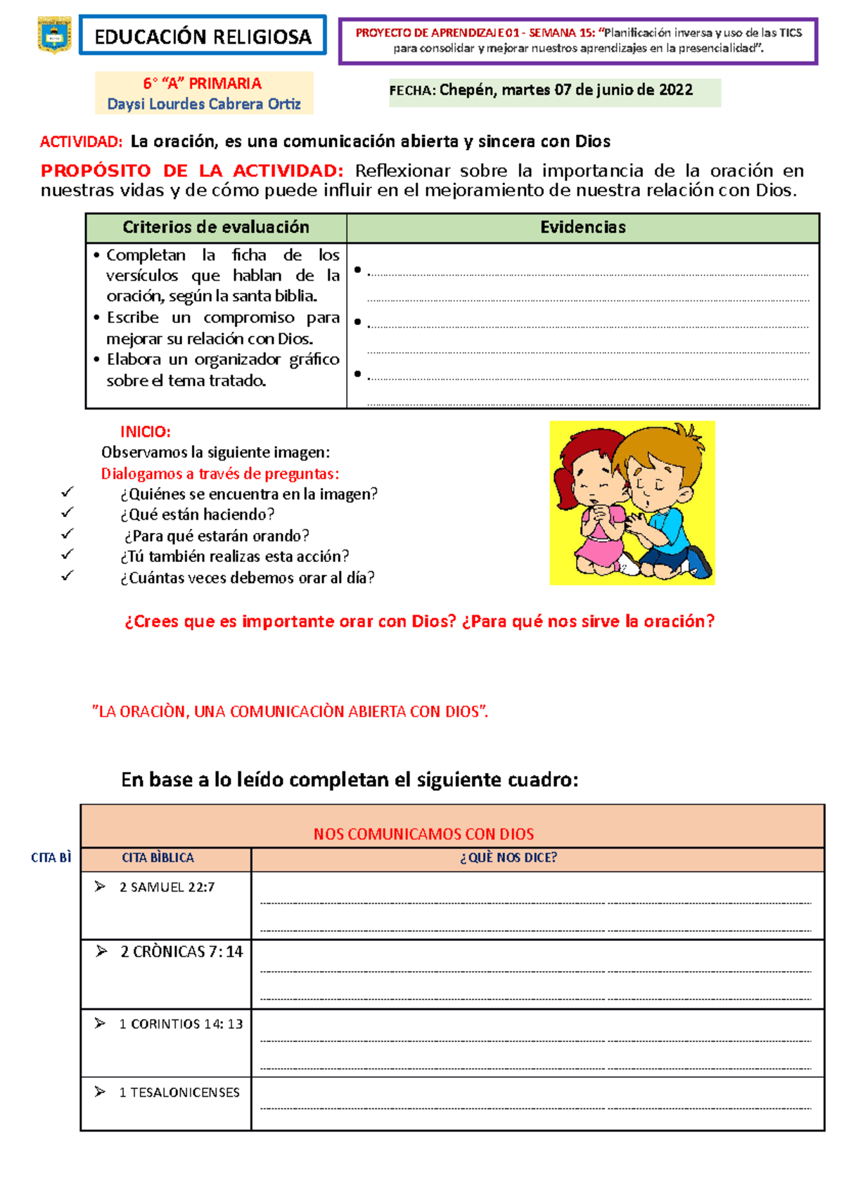 6° A Ed Religiosa La Oración Criterios De Evaluación Evidencias Completan La Ficha De Los