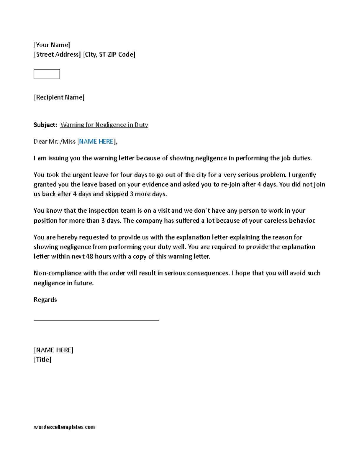 Sample Warning Letter For Negligence Of Duty