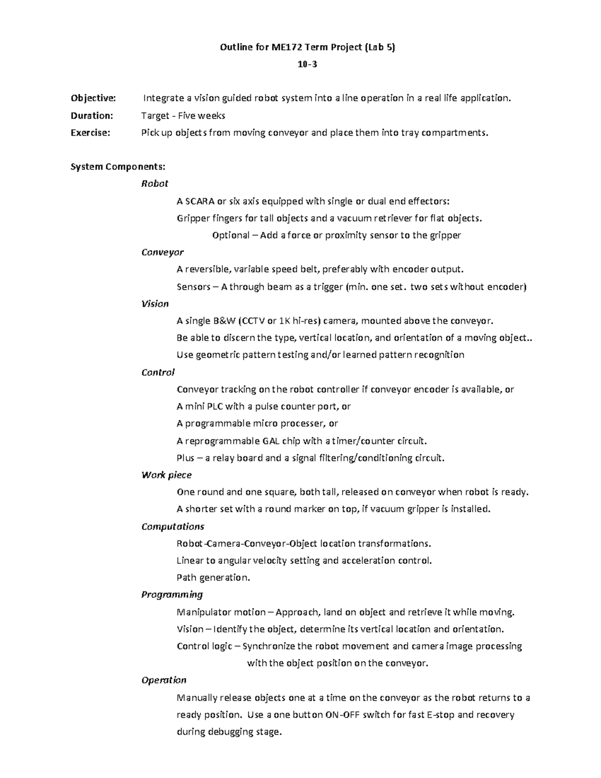 ME172 Lab 5 Lab 5 manual Outline for ME172 Term Project (Lab 5) 10