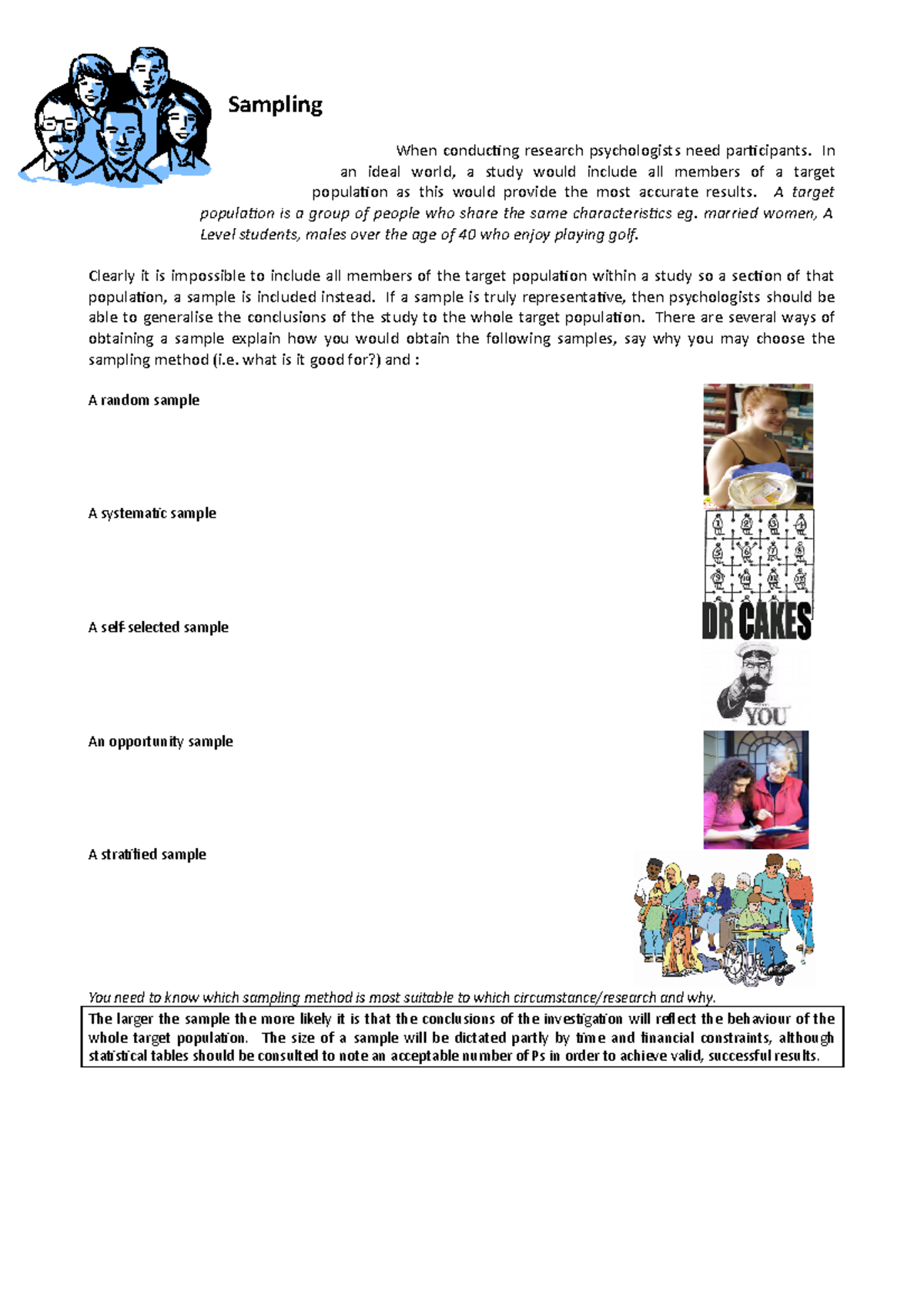 Sampling worksheet - practise - Sampling When conducting research ...