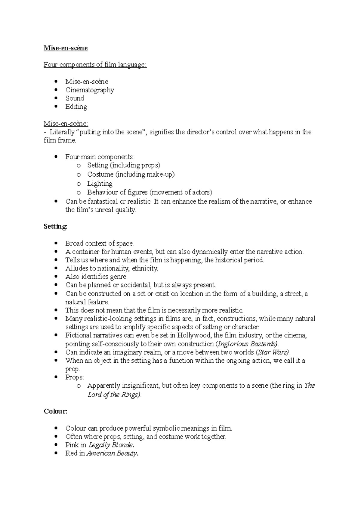 Mise-en-scène - Lecture notes All - Mise-en-scène Four components of ...