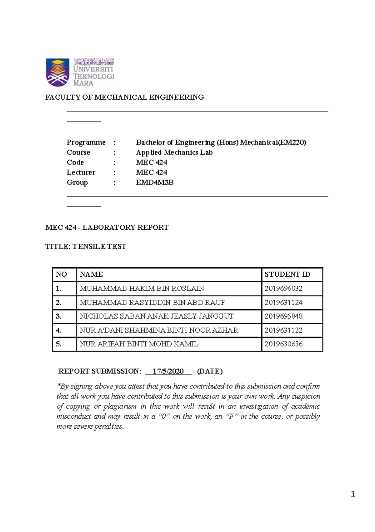 Tensile TEST LAB REPORT - Engineering In Society - UiTM - Studocu