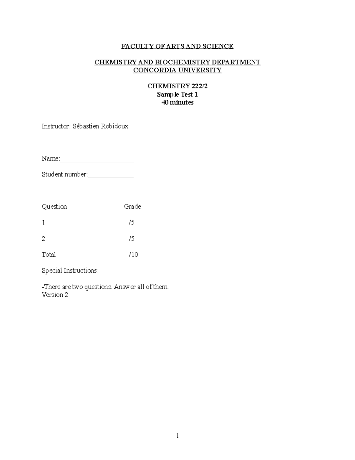 Sample test 1 - CHEM 375 - Concordia - Studocu