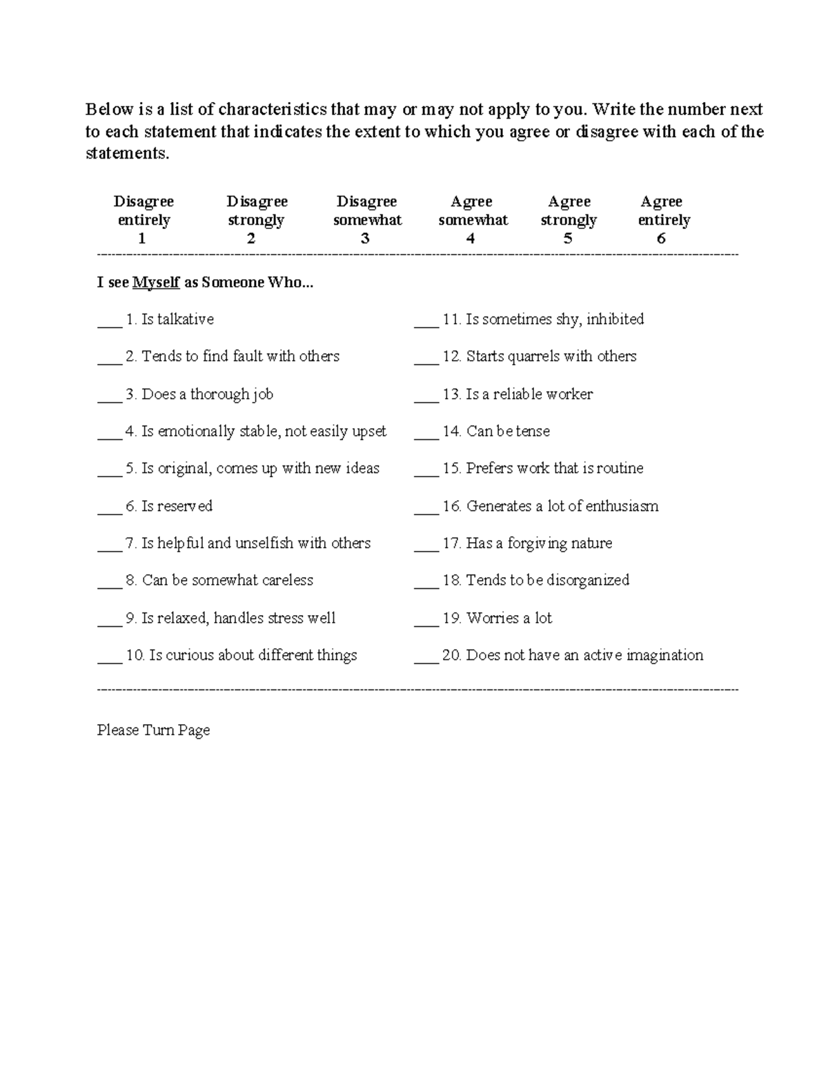 Big Five Questionnaire - Below is a list of characteristics that may or ...