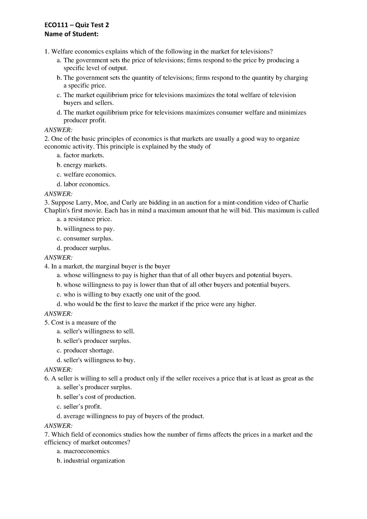 ECO111- Quiz Test 2 (st) - ECO111 – Quiz Test 2 Name Of Student ...