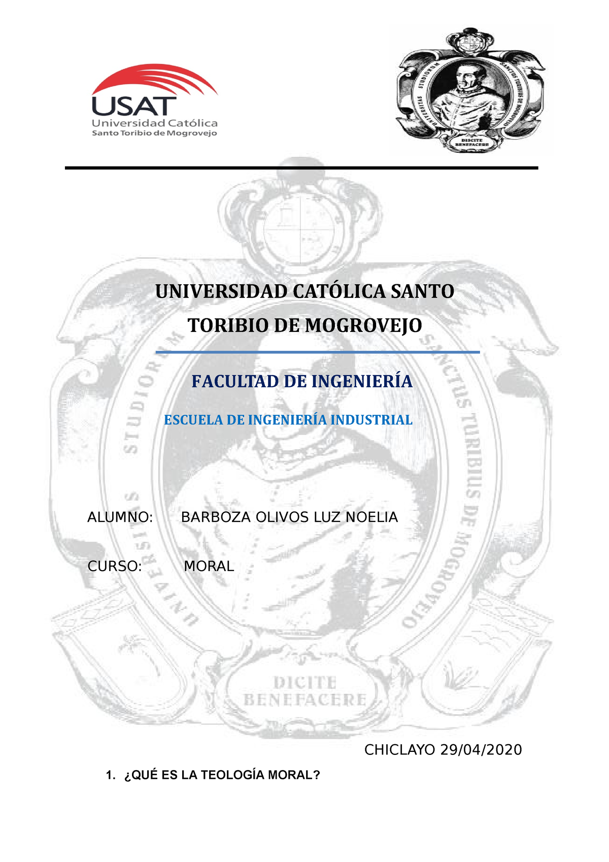 QuÉ Es La Teología Moral Cuestionario 1 Universidad CatÓlica Santo Toribio De Mogrovejo 7019