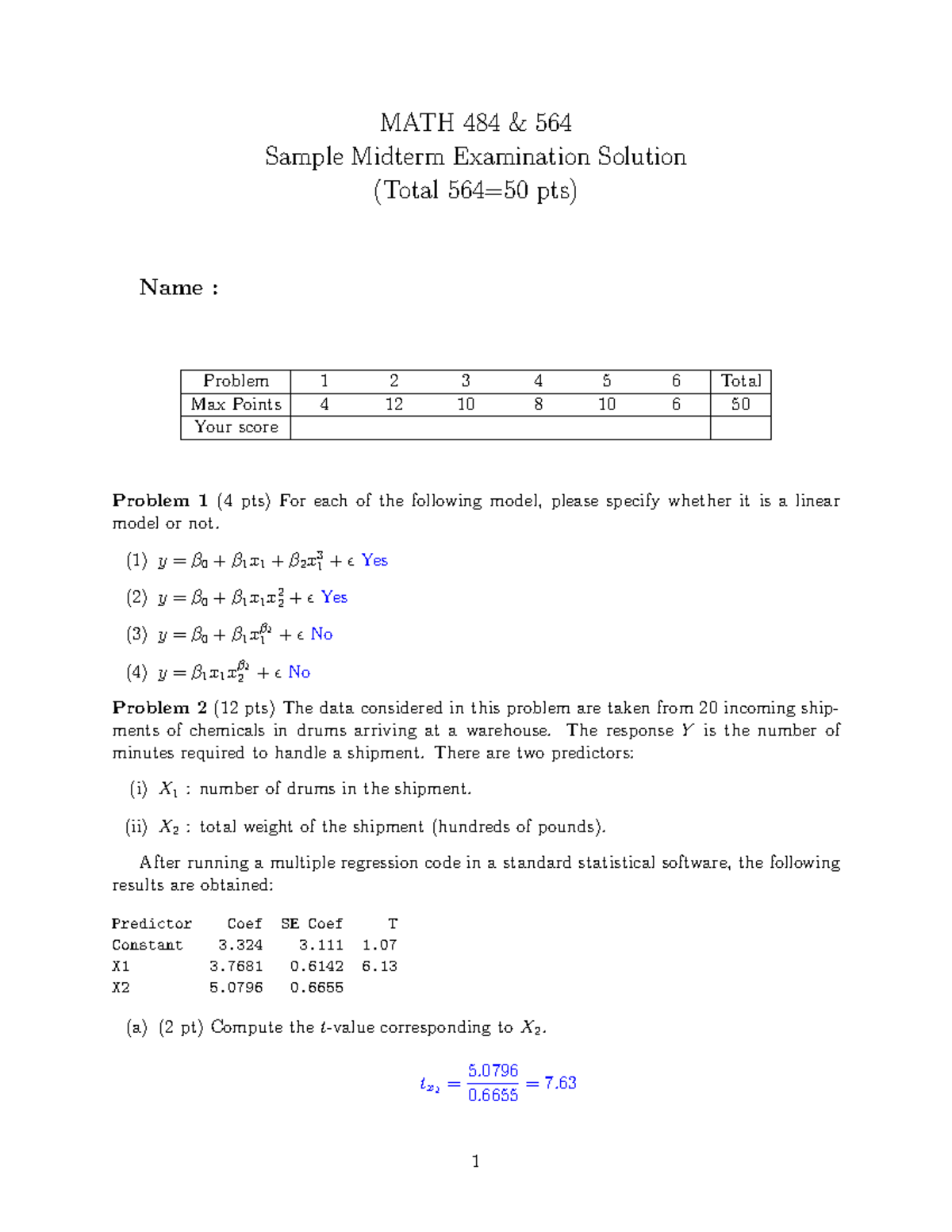 Sample Mid Exam Solution - MATH 484 & 564 Sample Midterm Examination ...