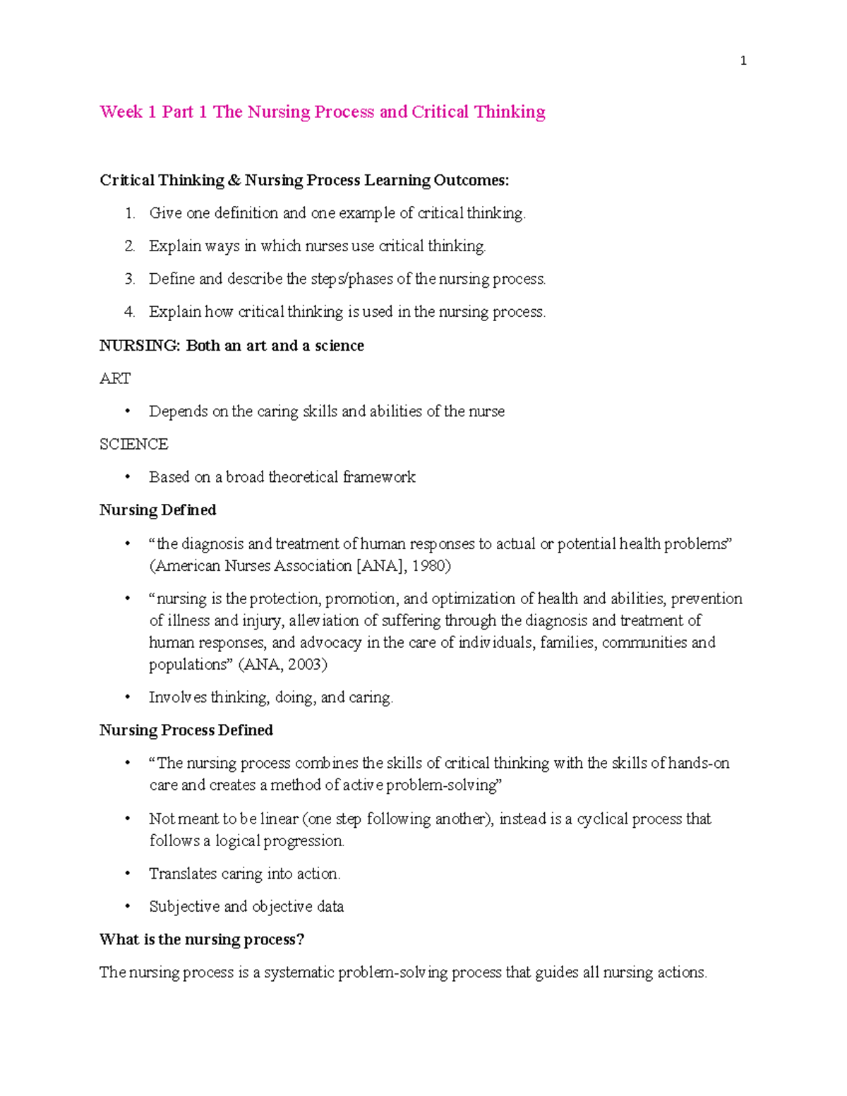 Week 1 Part 1 The Nursing Process and Critical Thinking - Week 1 Part 1 ...