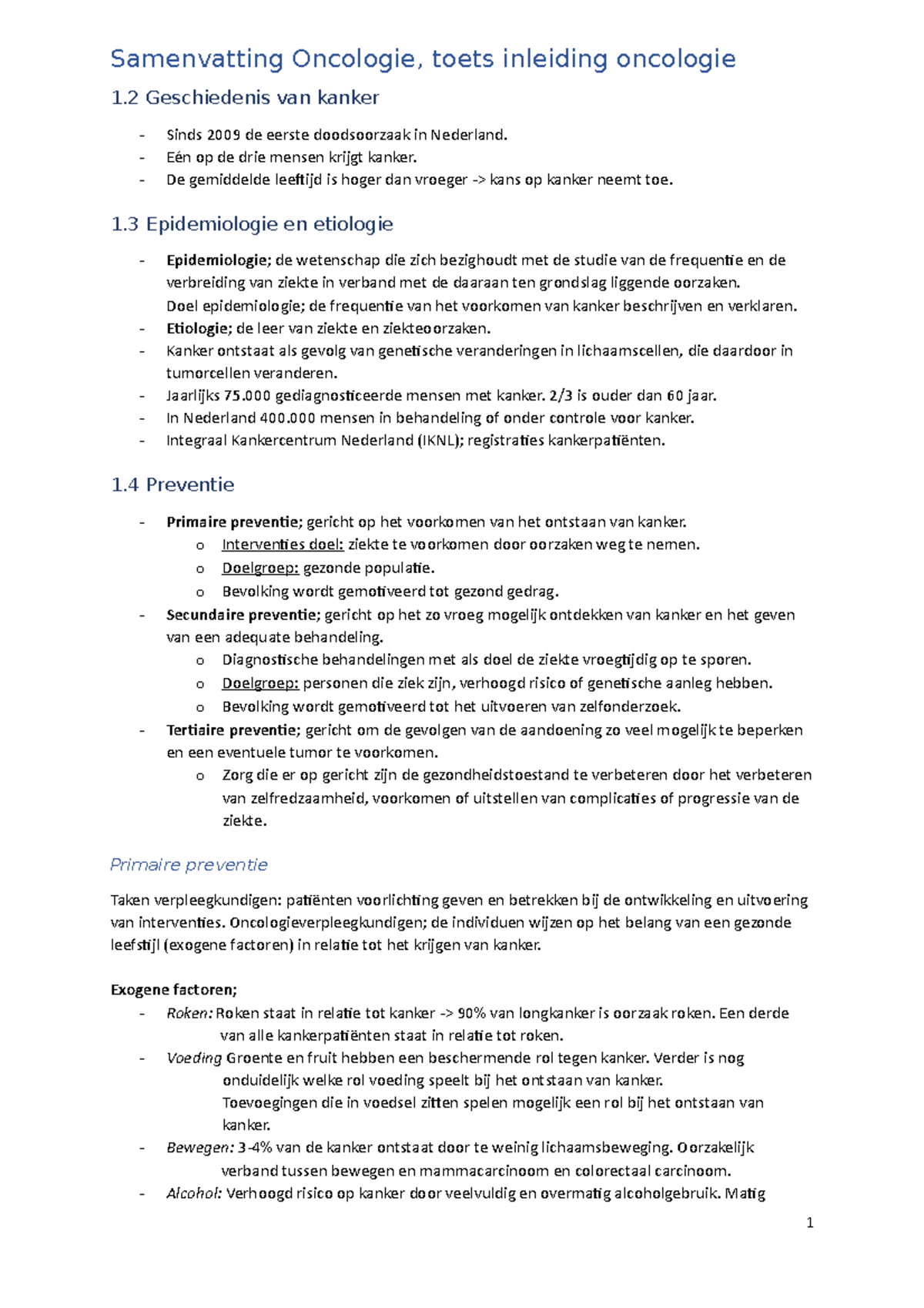 Samenvatting Oncologie Inleiding Ketenzorg Samenvatting Oncologie