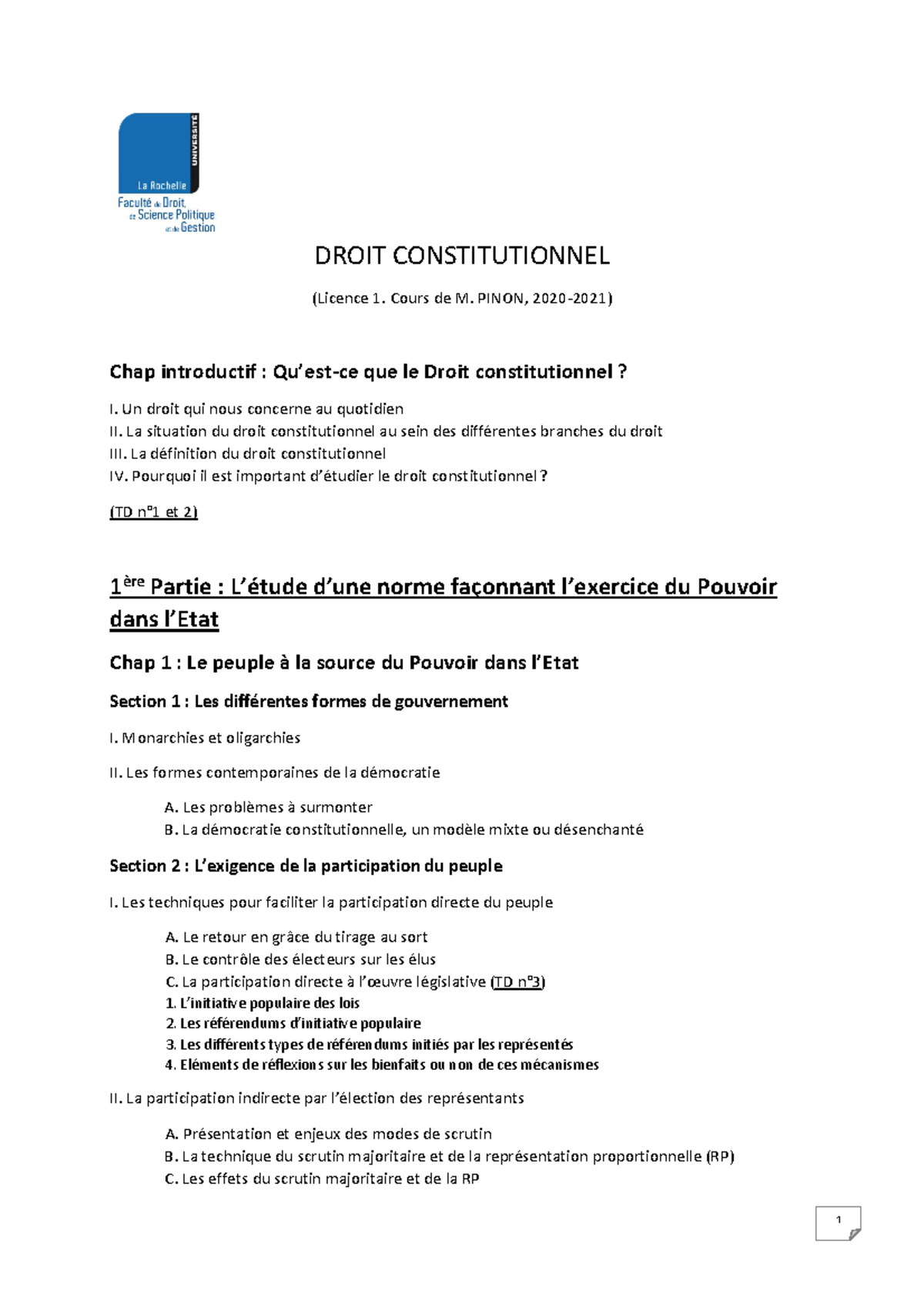 Plan Du Cours De Droit Constitutionnel L1 2020 - DROIT CONSTITUTIONNEL ...