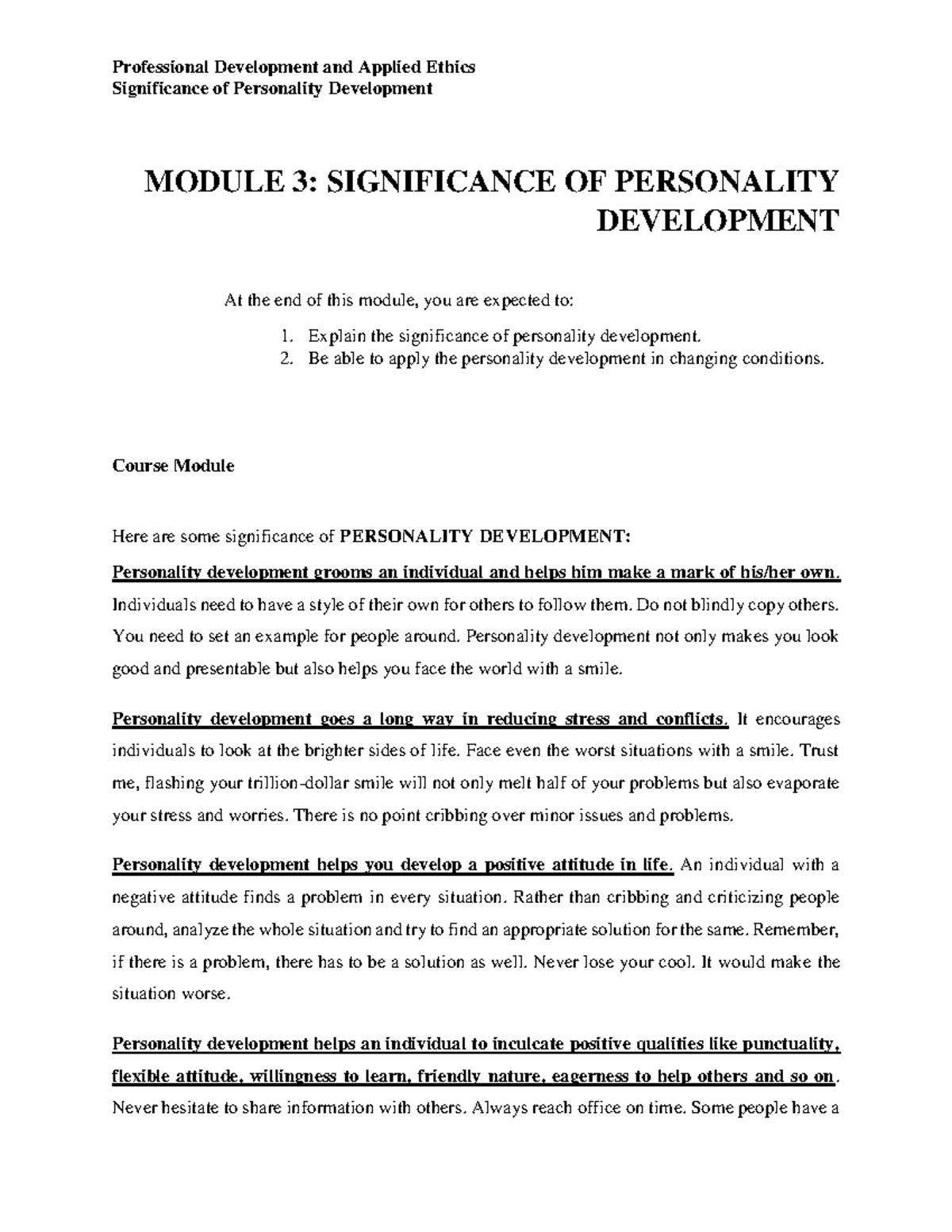 Week 3 - Significance of Personality Development - Significance of ...