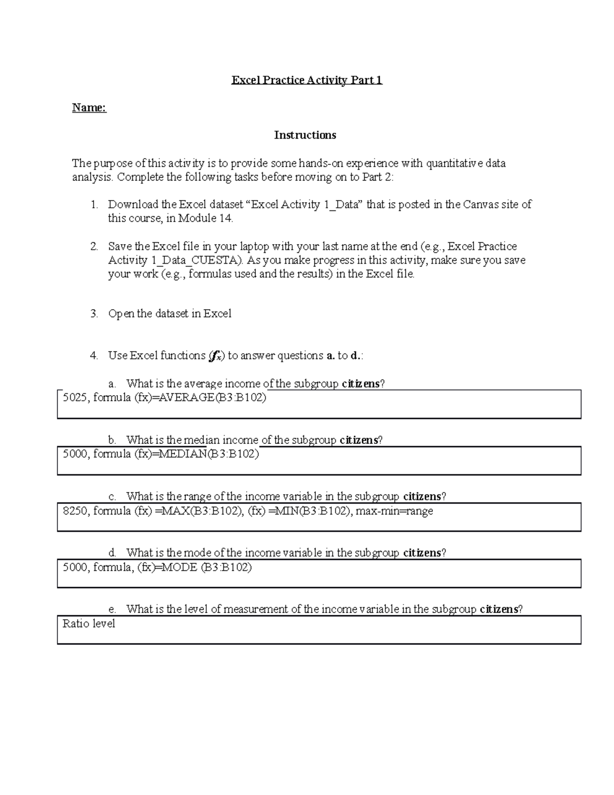 Excel Practice Activity Part 1 Complete the following tasks before