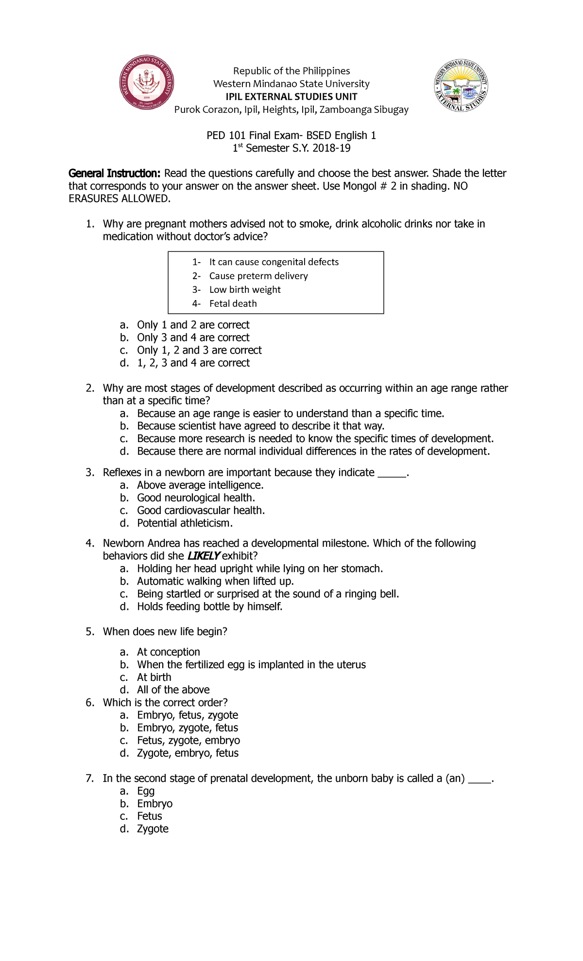 1st sem 2018-19 Final EXAM PED 101 - Republic of the Philippines ...