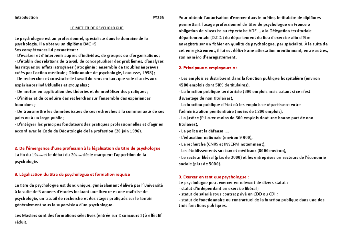 Expose Sur Le Metier De Psychologue Fiche de révision Introduction - Introduction PY LE METIER DE PSYCHOLOGUE  Le psychologue est un - Studocu
