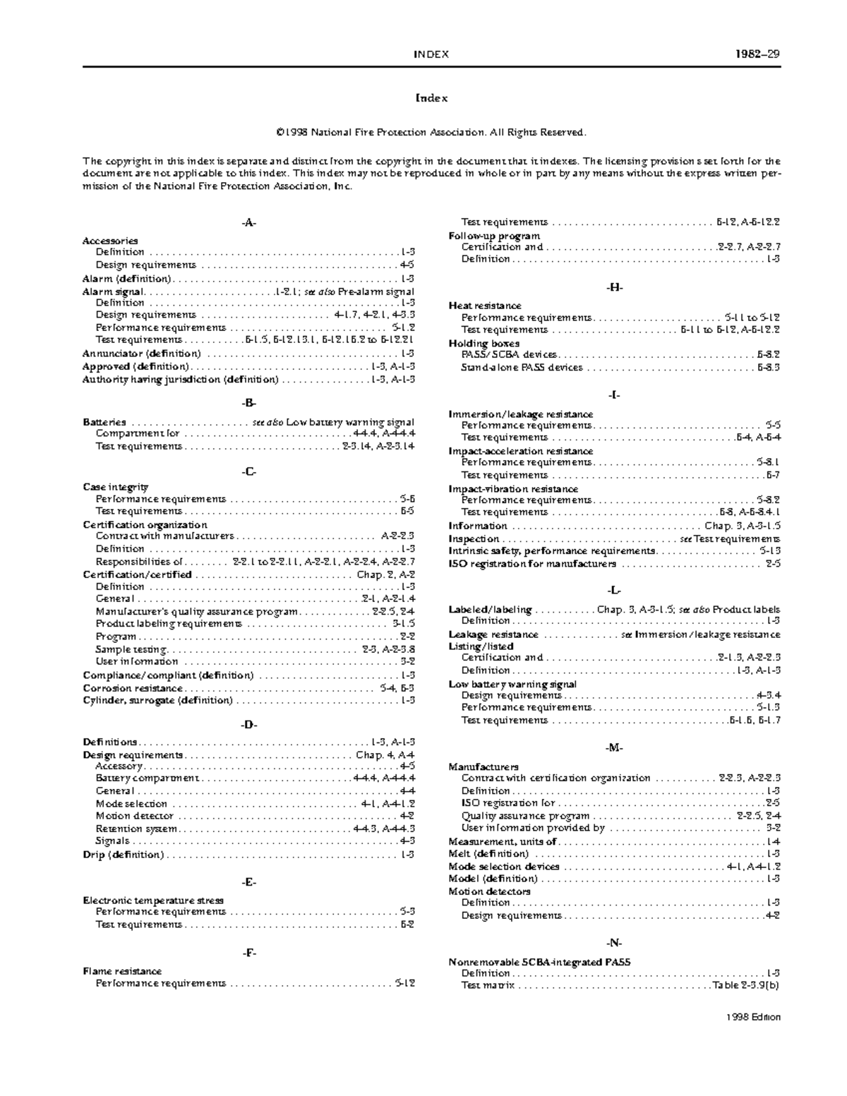 198298 National Fire Protection Association INDEX 1982 1998